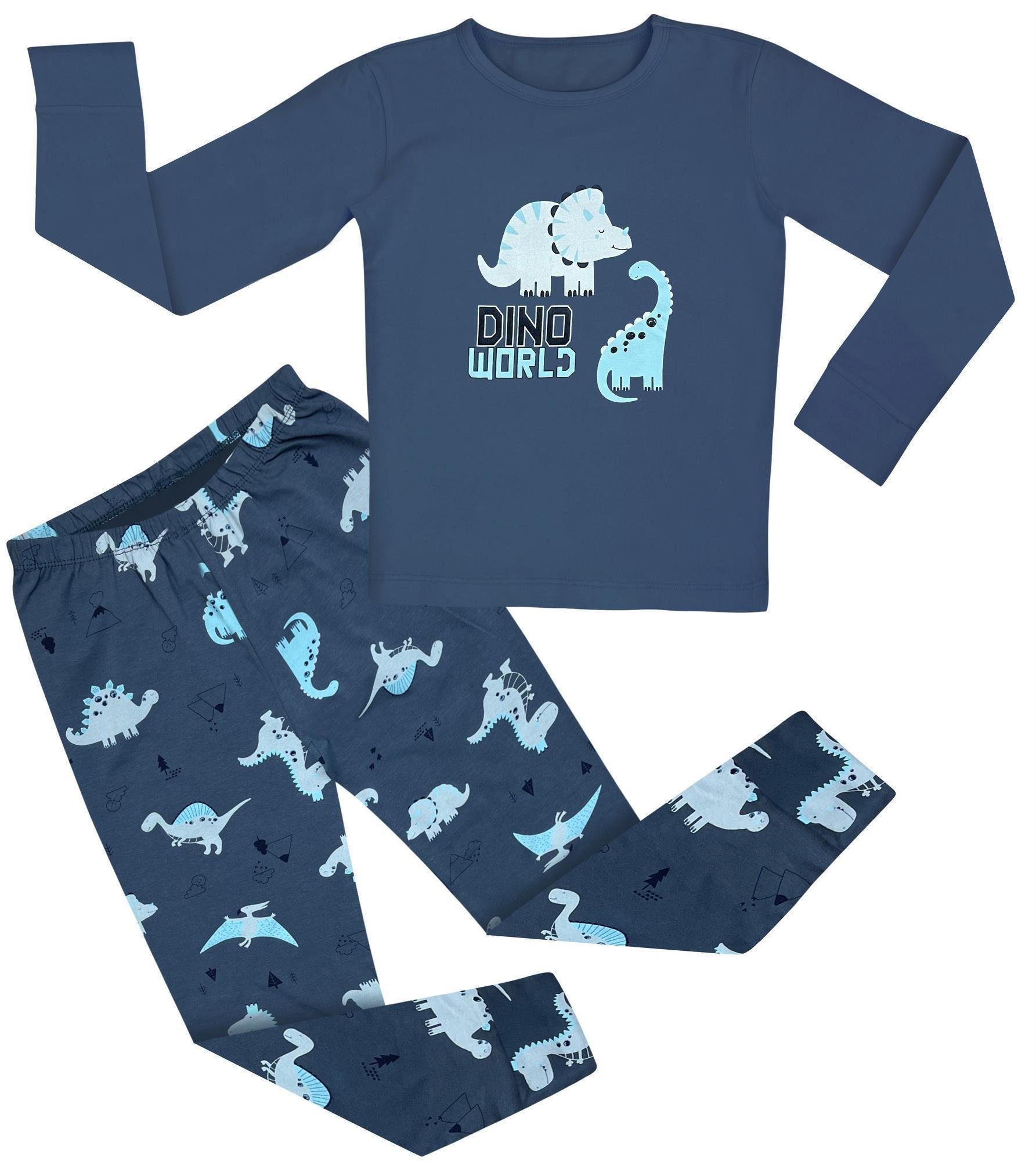 LOREZA Pyjama Jungen zweiteiliger Schlafanzug Langarm Baumwolle Dinosaurier (Set, 2 tlg) Dunkelblau