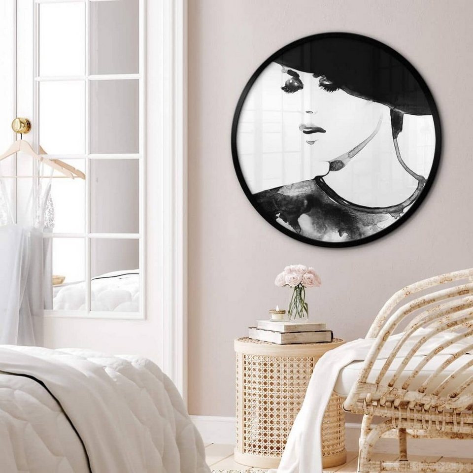 k&l wall art poster wandbild poster rund schwarz-weiß fashion lady mode  schlafzimmer, wohnzimmer deko modern