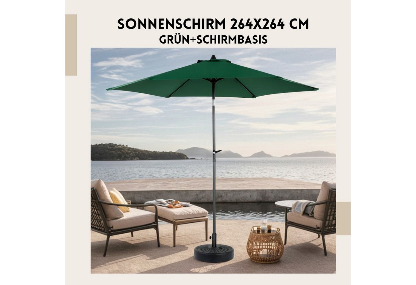 Thumbnail - SeedWave Sonnenschirm mit wasserdichtem Polyester, 360°Drehung, einfache Kurbel, 264x264 cm, stabiler 12-Rippenrahmen, f...