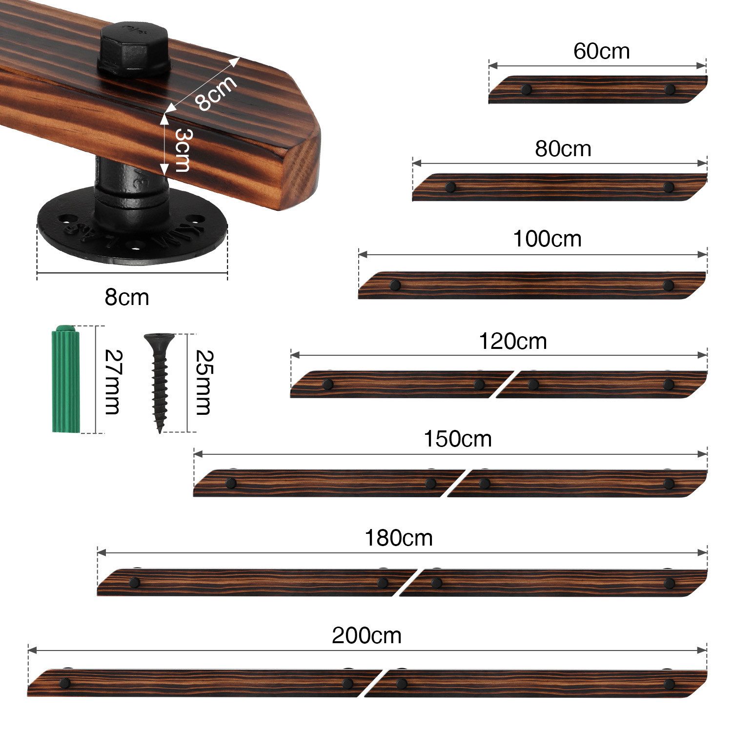 Clanmacy Handlauf Buche Handlauf 60cm Geländer mit 2 Halter Halterung verschiedene, 60 cm Gesamtlänge, (Wandhandlauf Wandhalterung Innen & Außen), Wandhandlauf  – Bild 2 von 5