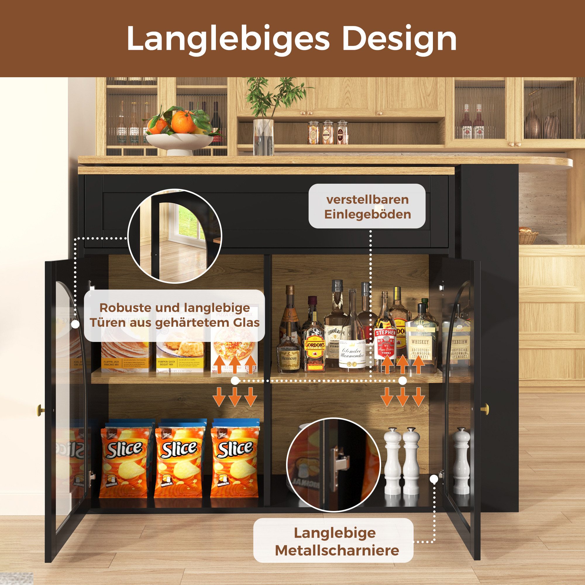 i@home Bartisch Essbar,Kücheninsel,Bistro Table,weiß /schwarz (Packung set, 1 Tisch), 360° drehbare,mit Stauraum und Sideboardschrank,138-204×39×104cm