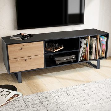 Wohnling Lowboard WL6.814 (Schwarz Eiche-Dekor, 150x55x40 cm, zwei Schubladen), TV-Kommode Hoch, TV-Schrank Modern Fernsehtisch