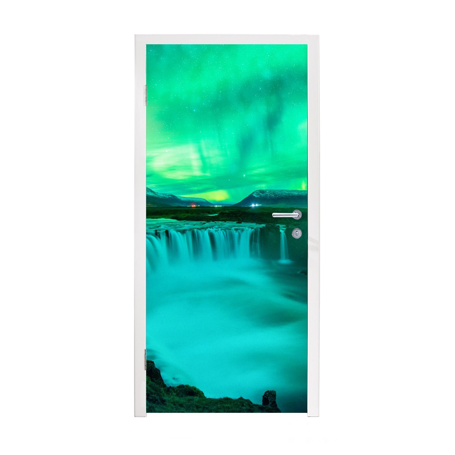 MuchoWow Türtapete Wasserfall - Island - Nordlichter, Matt, bedruckt, (1 St), Fototapete für Tür, Türaufkleber, 75x205 cm