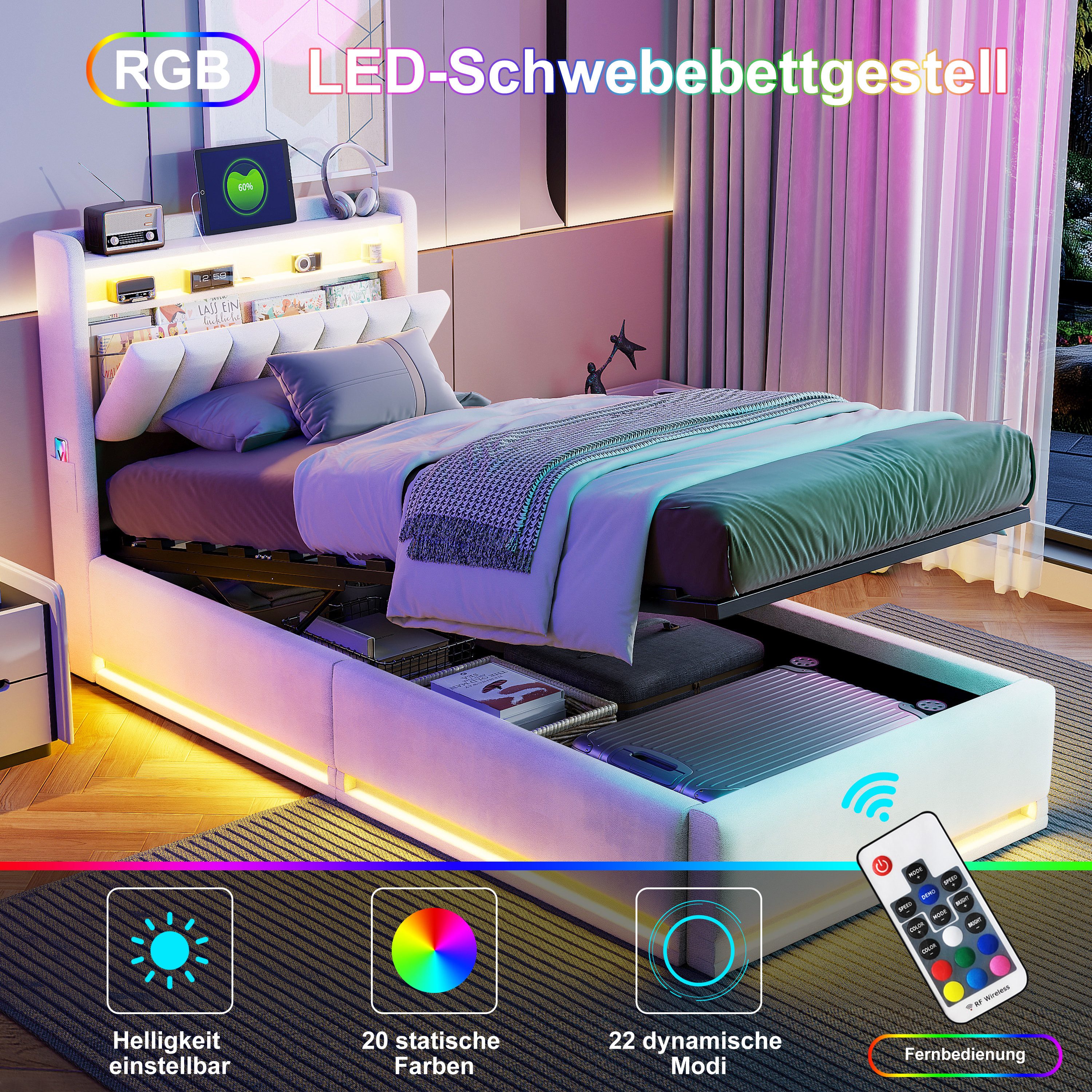 Simurq Polsterbett Samtbett mit Bettkasten 90x200, Einzelbett, Jugendbett, Luxuriöses Samtbett mit Stauraum, Mit Lattenrost, USB Port & LED – Bild 4 von 5