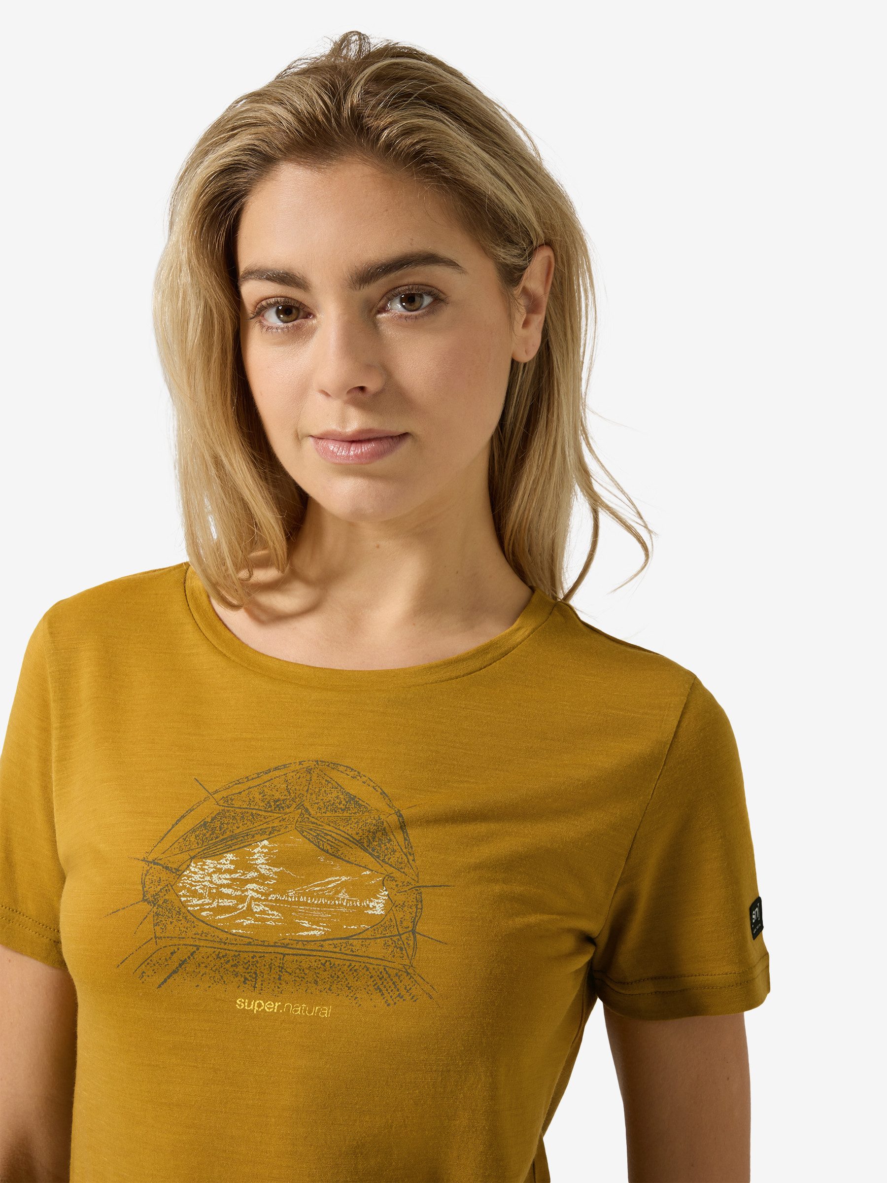 SUPER.NATURAL T-Shirt für Damen,Merino W TENT VIEW TEE mit Berg-Motiv, atmungsaktiv