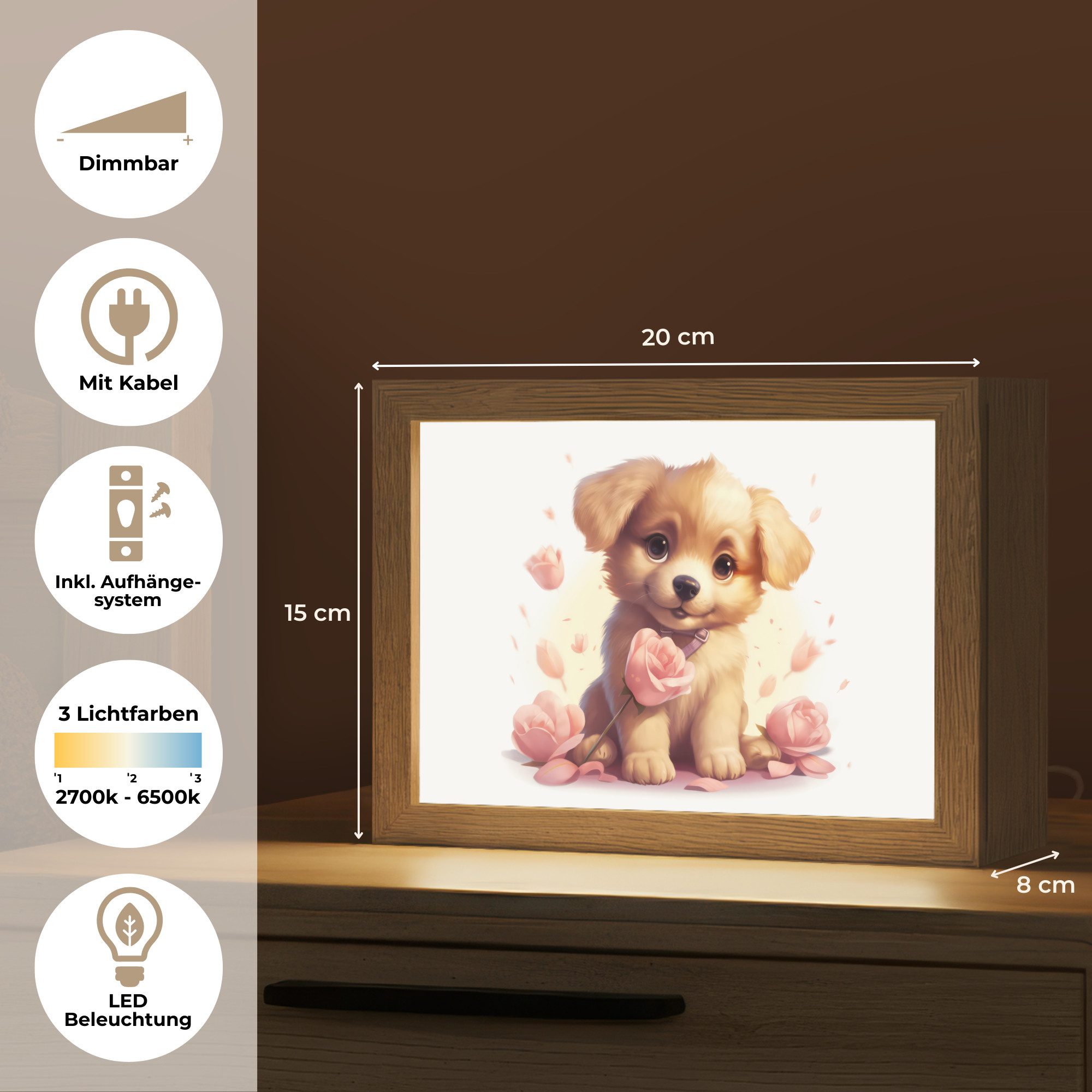 OnlyWow Nachttischlampe Lightbox Hund - Blumen - Rosa - Mädchen - Kind, Dimmbar, Farbwechsel, LED, Warmweiß, Kaltweiß, Neutralweiß Einstellbar, Nachtlicht, Kinder- und Babyzimmer, Dimmbar, mit Kabel, Tischleuchte