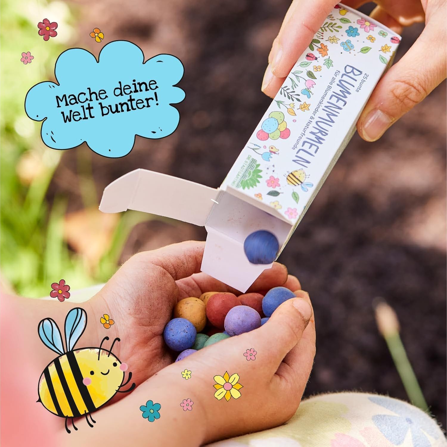 Die Stadtgärtner Lernspielzeug 25 handgemachte & kunterbunte Blumenmurmeln, 20 Arten Blumen-Saatgut