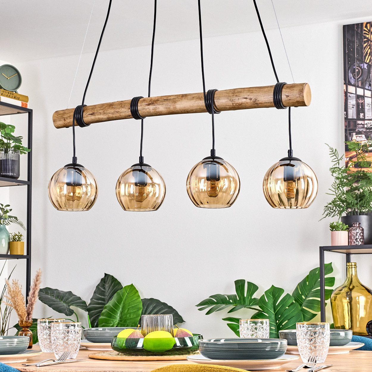 hofstein Pendelleuchte Hängelampe aus Metall/Holz/Riffelglas in Schwarz/Natur/Bernstein, Hängeleuchte im Retro/Boho-Design m. Holzbalken, (Schirme Ø 15cm), E27