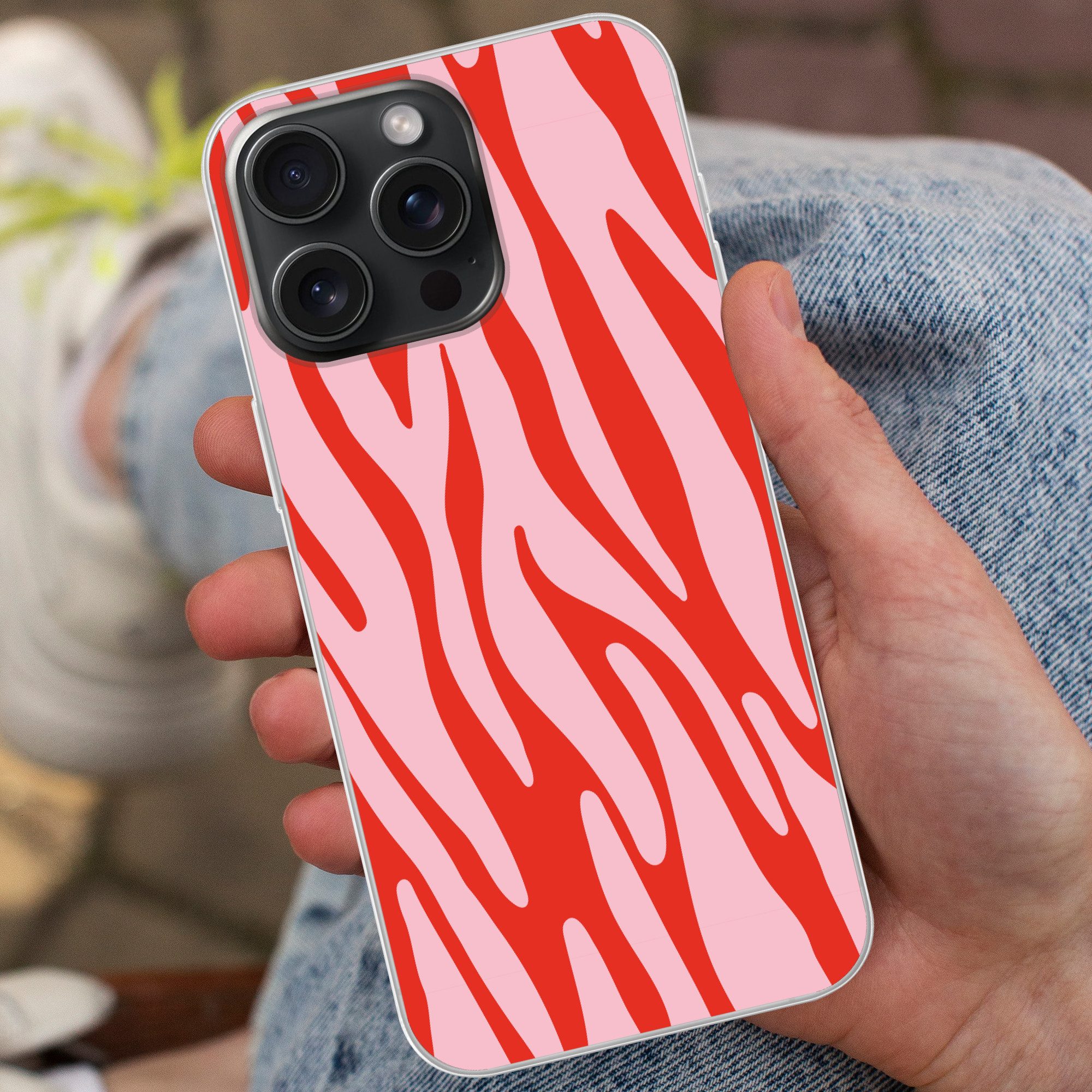 MuchoWow Handyhülle für Apple iPhone 15 Pro Max Zebramuster - Rosa - Rot - Tiermuster, Smartphone-Bumper, Print, Handy Schutzhülle Dünn