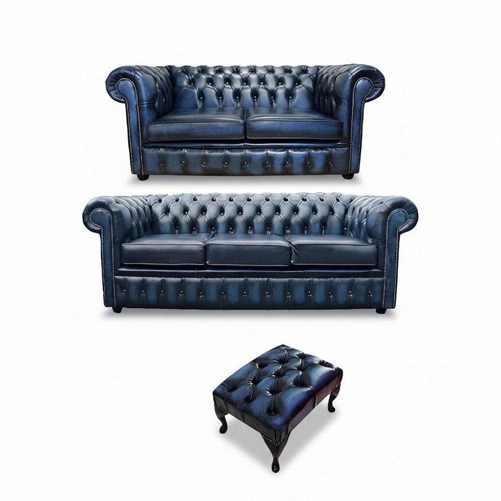 JVmoebel Chesterfield-Sofa Elegantes Sofa-Set in modernem Blau aus hochwertigem Kunstleder, 3 Teile, Made in Europa