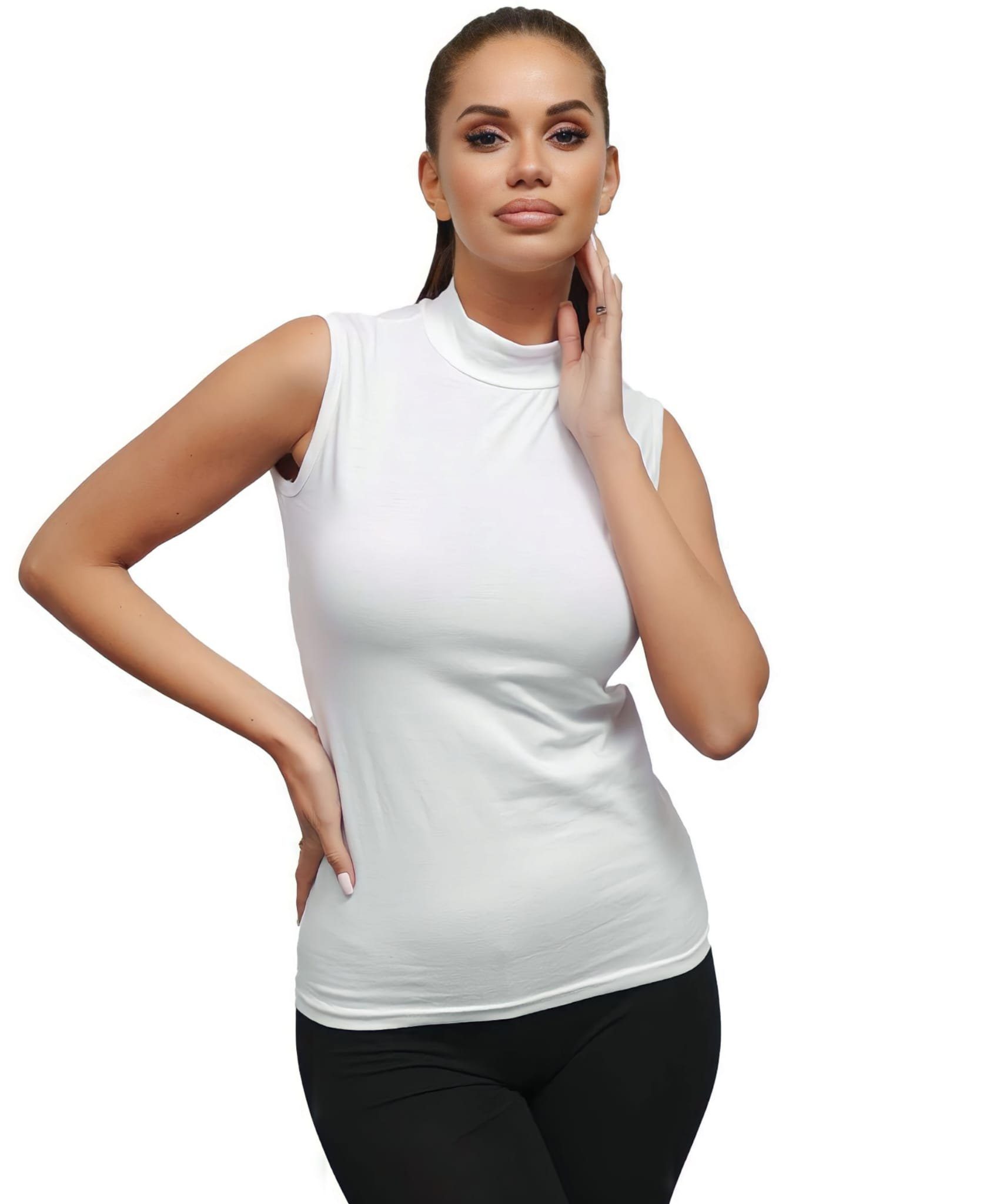 Kragentop Body Damen Shirt ärmellos Weiches Unterhemd Kota Halbkragen Shirttop Atmungsaktiv,Hautfreundlich, mit Gewebe Weiß