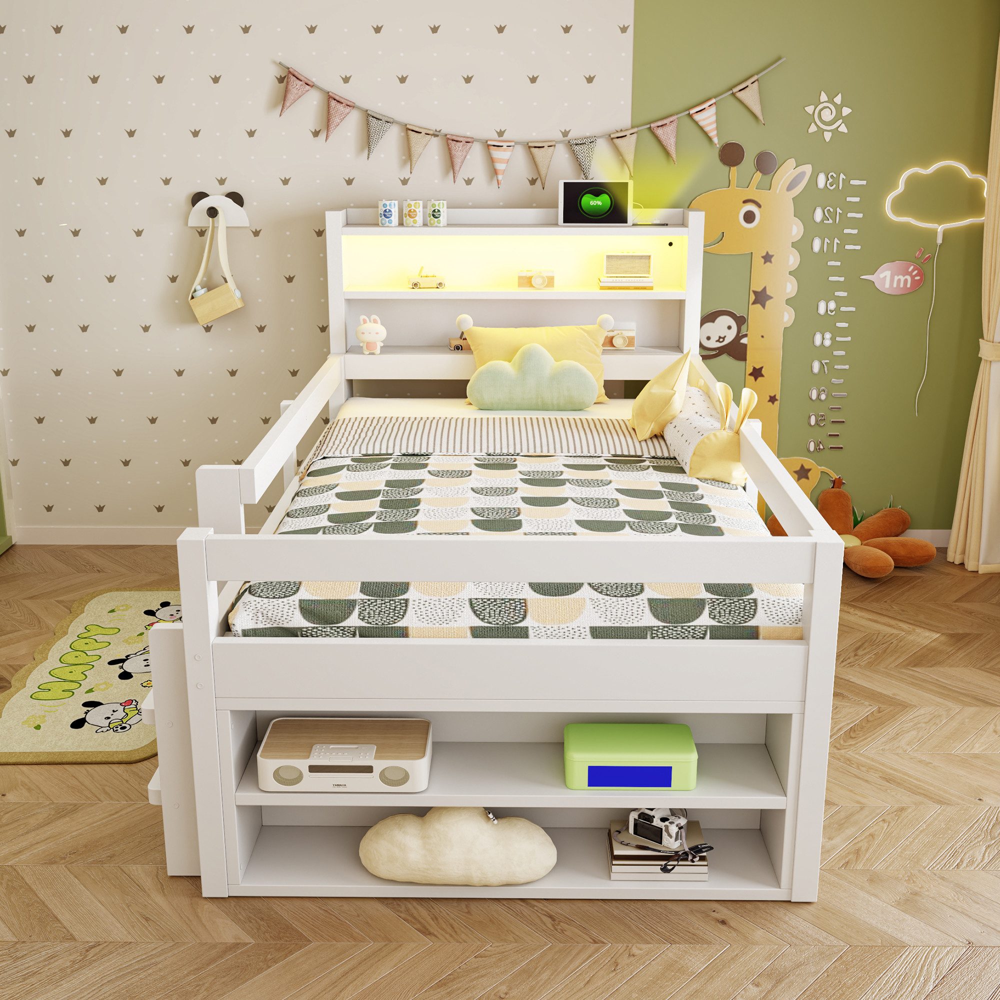 Flieks Kinderbett, Halbhochbett 90x200cm, Schrank mit Schiebetüren, LED-Leiste & Aufladen