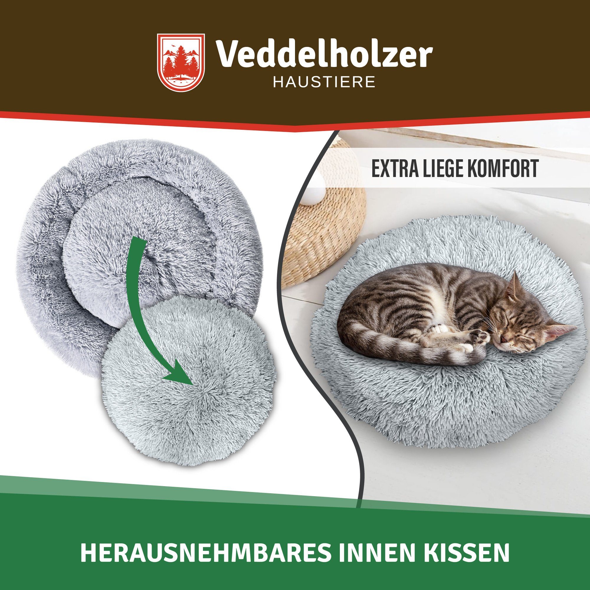 Veddelholzer Tierbett Ø 60 cm (S) Hell & Dunkelgrau Hundebett Katzenbett Hundekissen, 100% Vegan Hochwertigen synthetischen Fasern, Hundebett große mittelgroße kleine Hunde waschbar