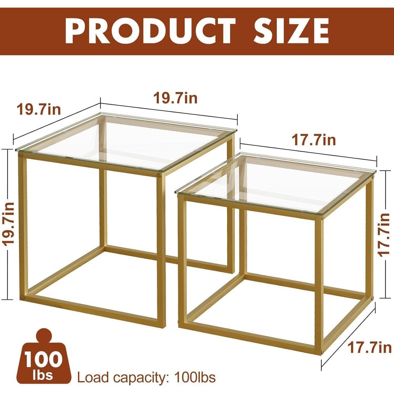 LuxusKollektion Couchtisch Quadratisch Couchtisch Set Glas Stahl Gold 50/45 cm