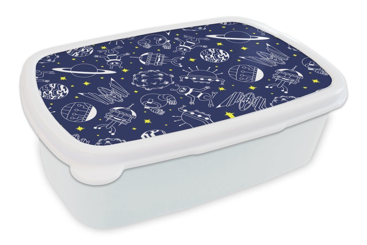 MuchoWow Lunchbox Weltraum - Sterne - Muster - Planeten, Kunststoff, (2-tlg), Brotbox für Kinder und Erwachsene, Brotdose, für Jungs und Mädchen weiß