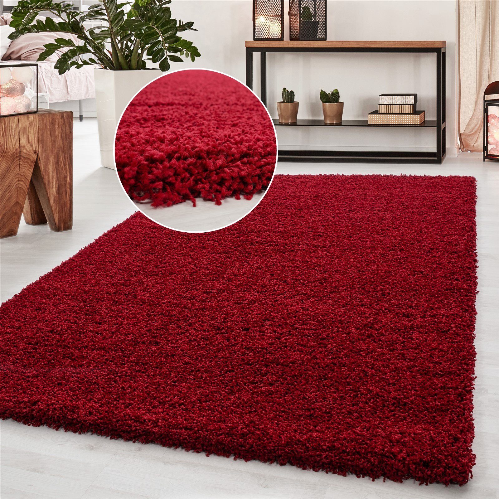 Hochflor-Teppich Shaggy Wohnzimmer Schlafzimmer Hochflorteppich meliert, Miovani, Rechteckig, Höhe: 50 mm Rot