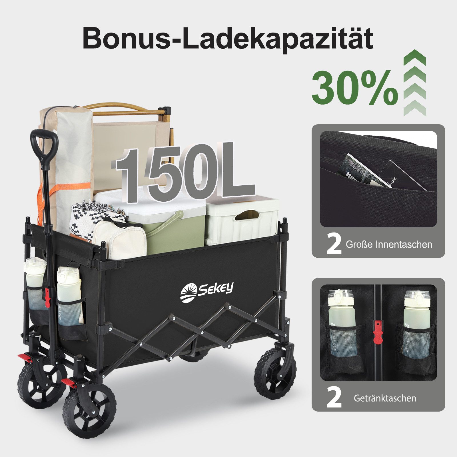 Sekey Bollerwagen Bollerwagen Faltbar mit Dach, 150L Handwagen Tragfähigkeit von 150 kg, Klappbarer Transportwagen mit Sonnenschutz für Ausflug Strand Camping