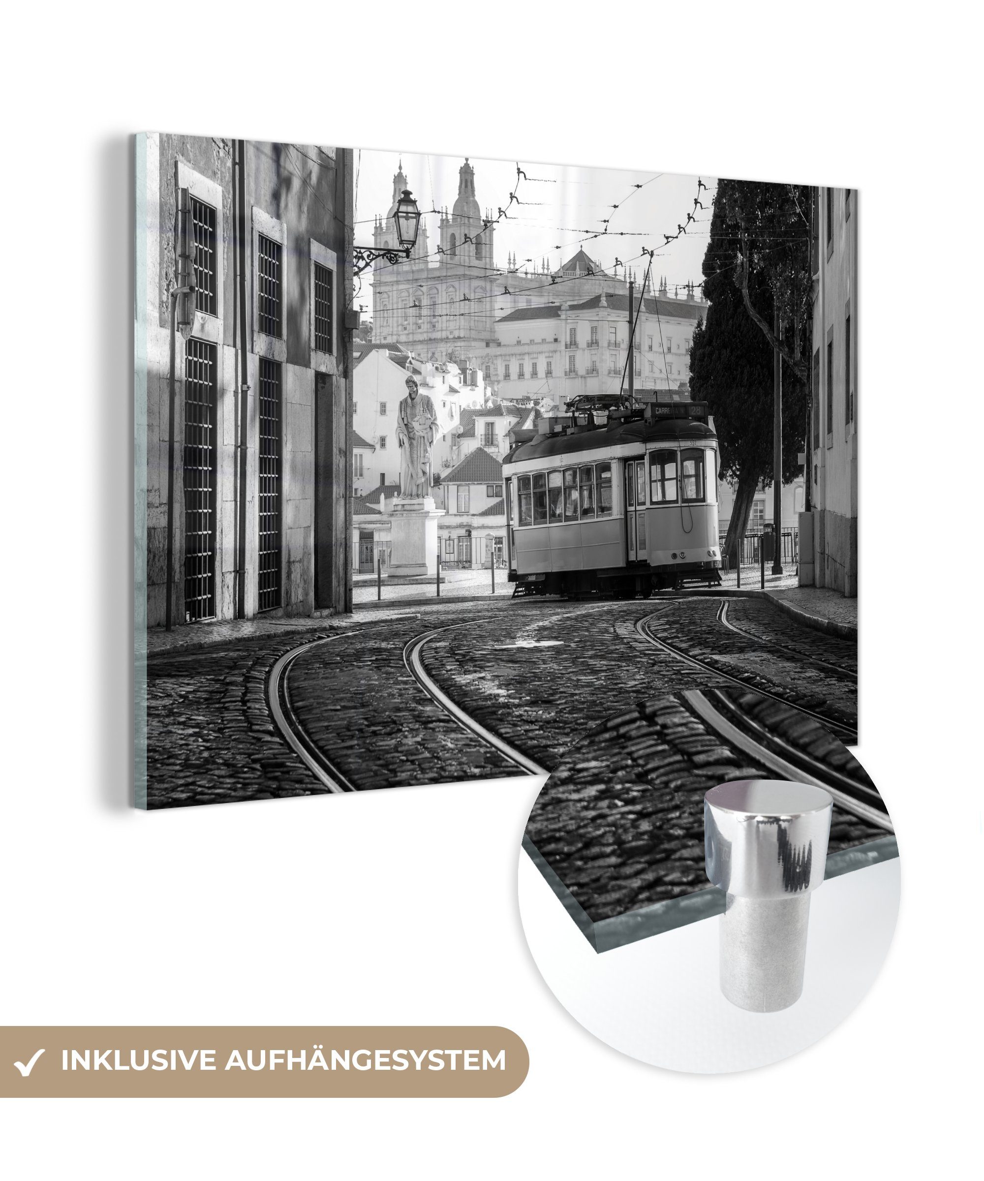 MuchoWow Acrylglasbild Portugal - Lissabon - Straßenbahn - Schwarz - Weiß, (1 St), Acrylglasbilder Wohnzimmer & Schlafzimmer