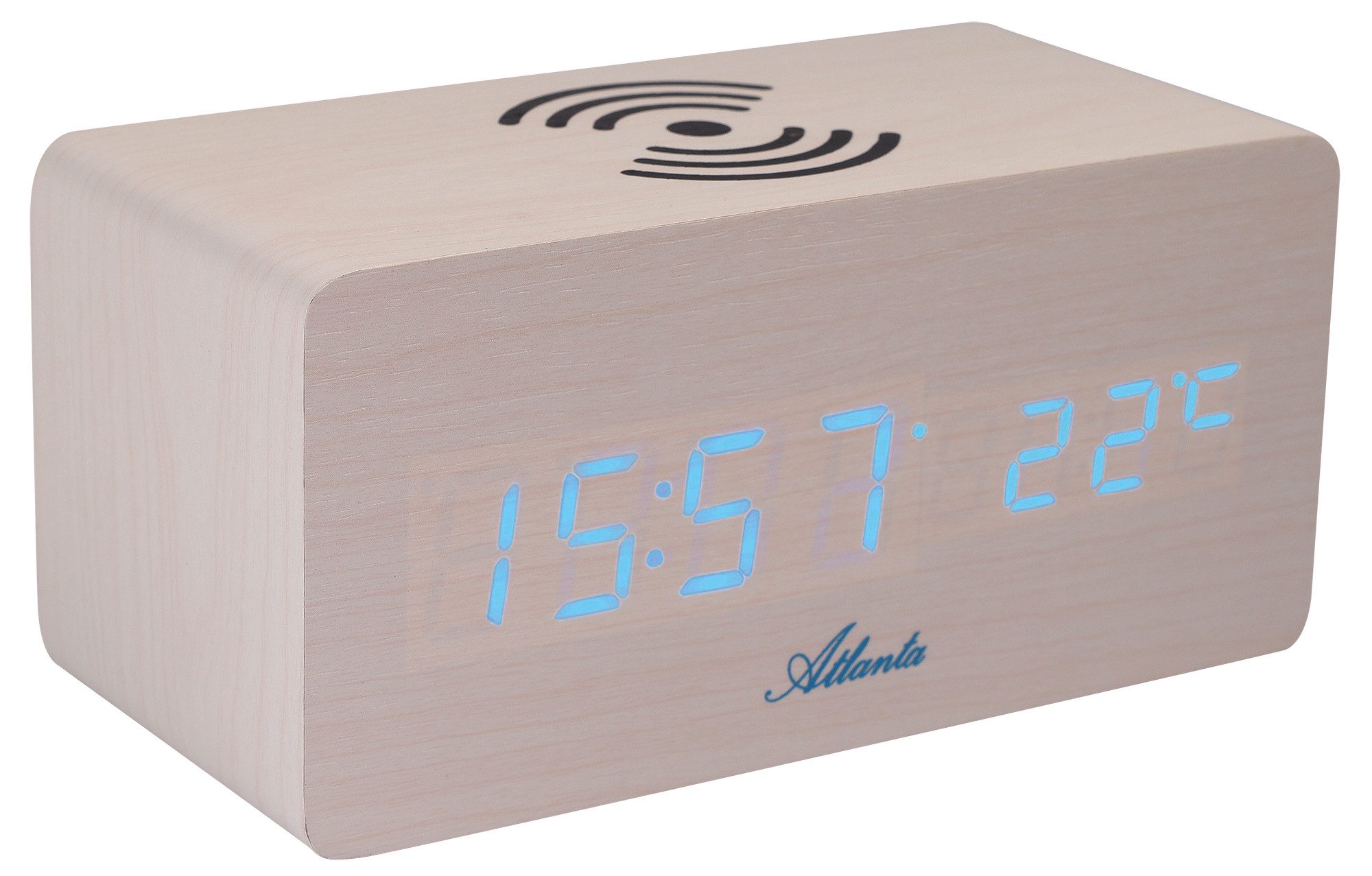 Atlanta Quarzuhr 1129 LED-Wecker Holz weiß, Wireless Charging, 3 Alarmzeiten