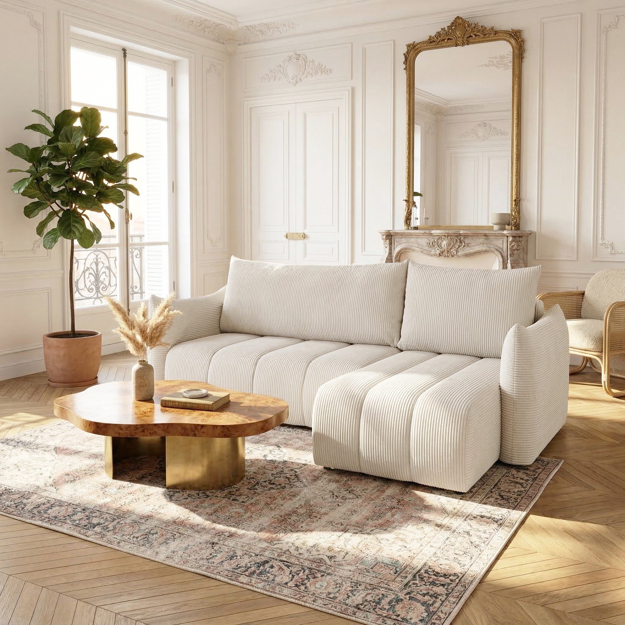Fun Möbel Ecksofa Schlafsofa ONTARIO XS mit Ottomane in Cordstoff Poso, Rücken echt bezogen, mit Bettkasten und Liegefunktion