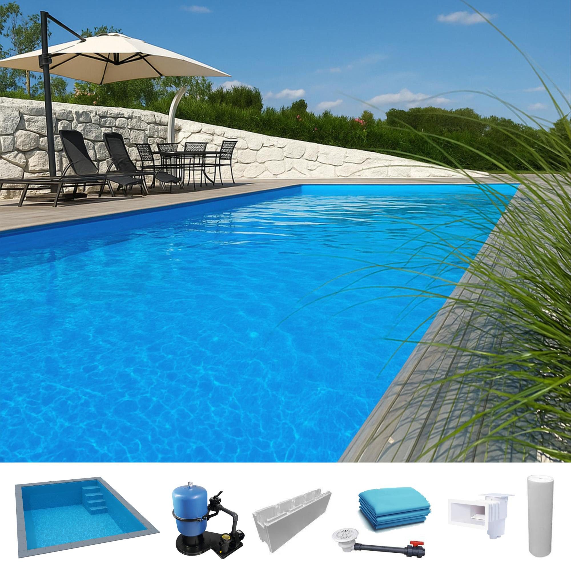 KWAD Rechteckpool KWAD Styropor Pool Easy mit gerader Treppe rechts (Komplett-Set), Langlebige Styroporsteine