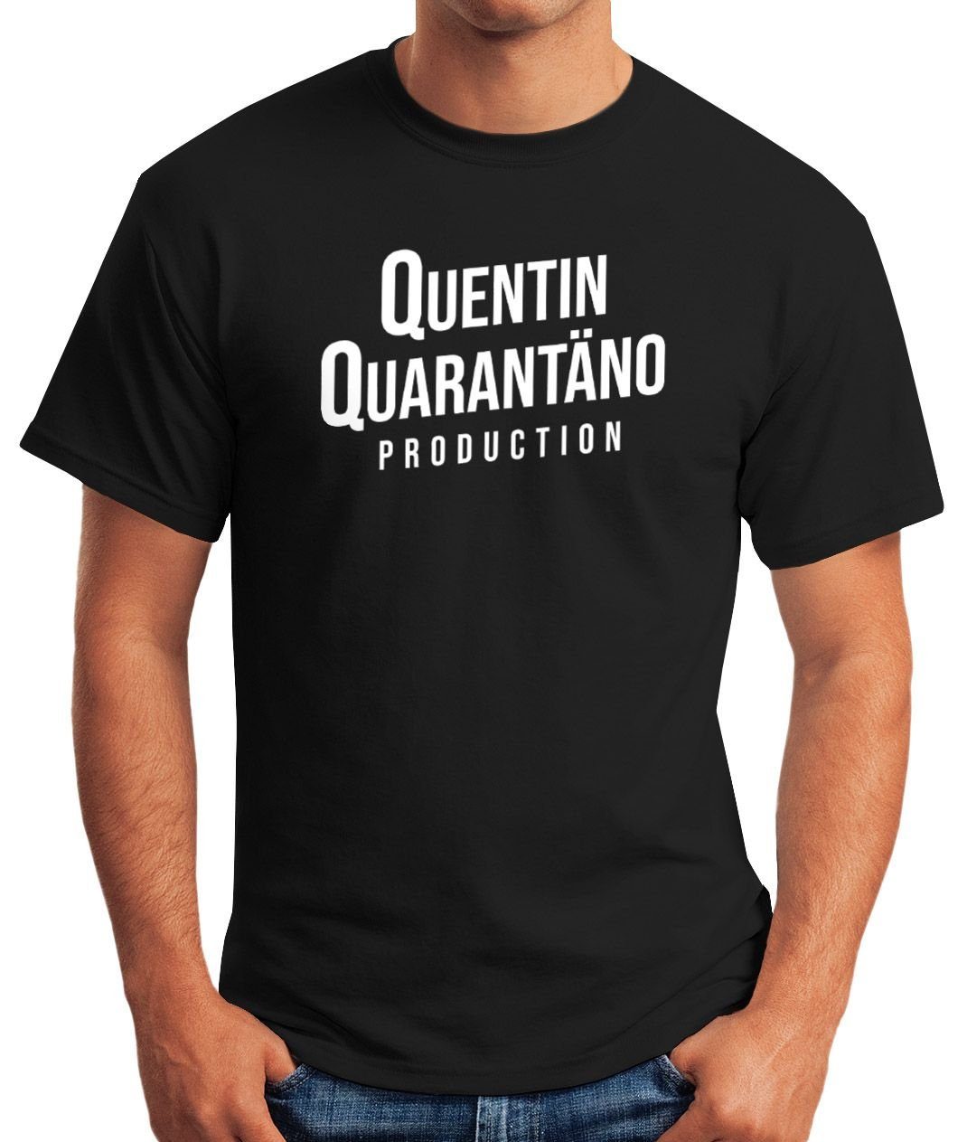 Satire Corona Qarantäno mit Quentin Print Print-Shirt Quarantöne Film MoonWorks StayHomeMoonworks® Parodie Herren T-Shirt