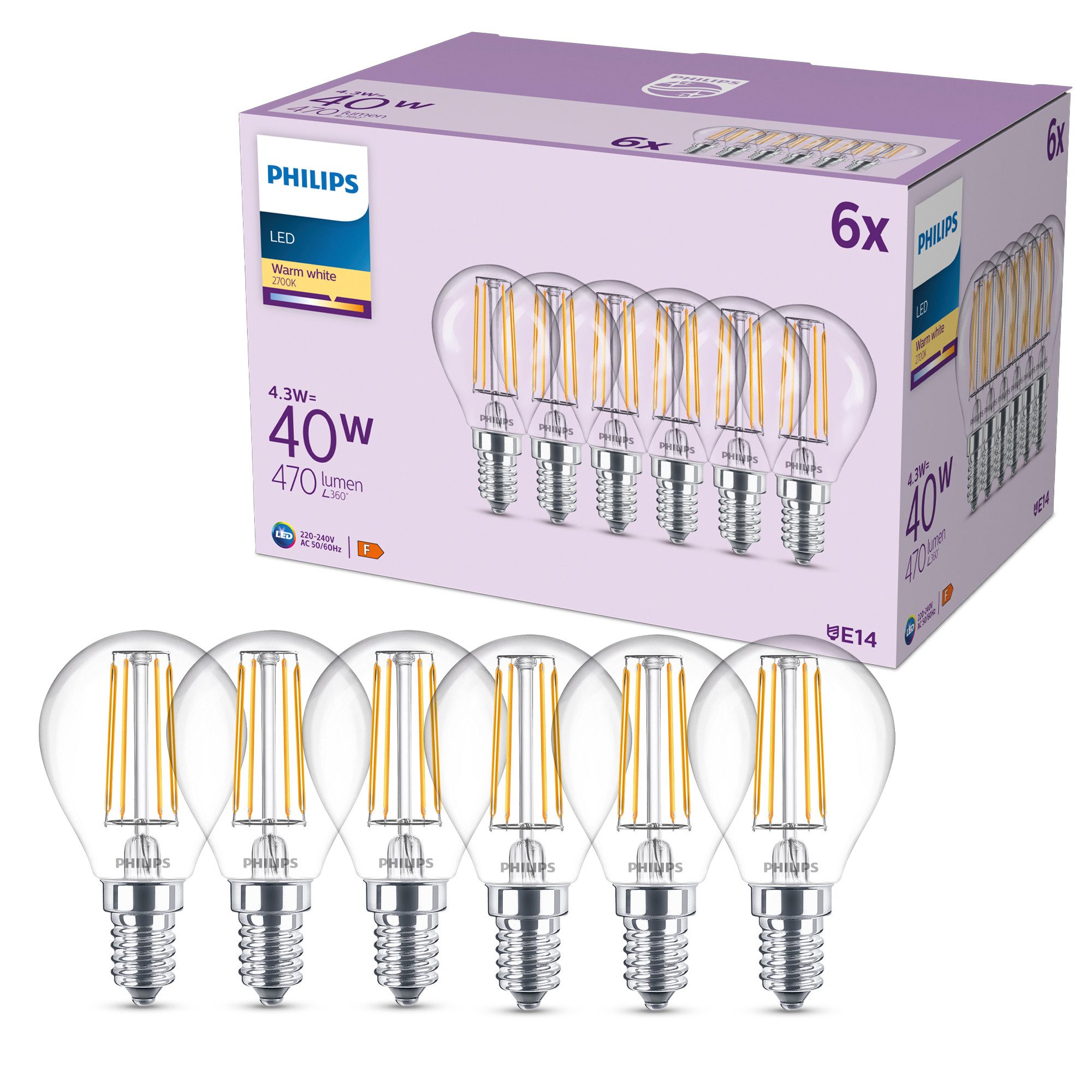 Philips LED-Leuchtmittel Classic 40W Non-Dim, E14, 6 St., Warmweiß