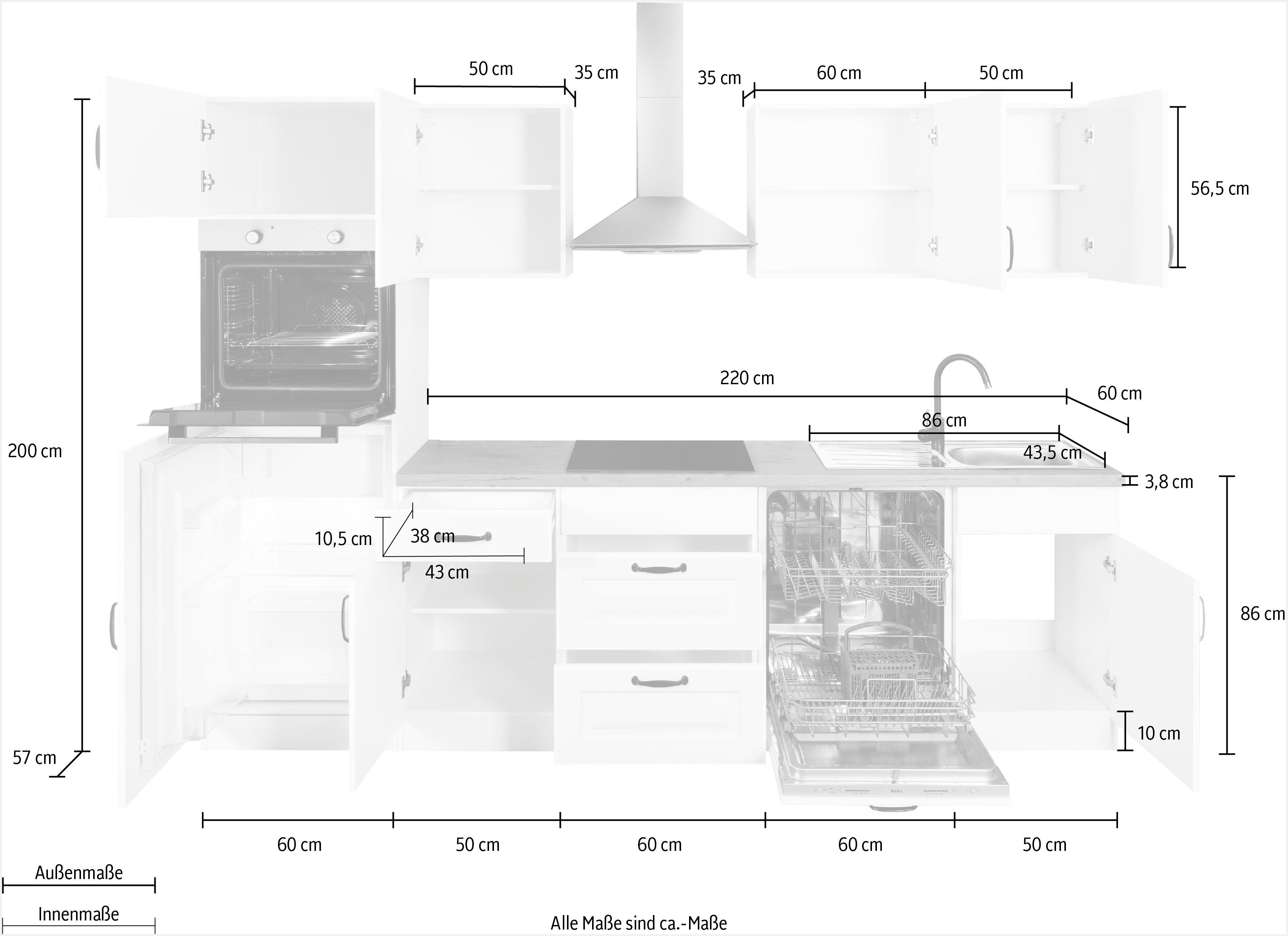 Anthrazit/Eiche | Küchenzeile Küchen Erla, 280 E-Geräte, anthrazit wiho Breite ohne cm