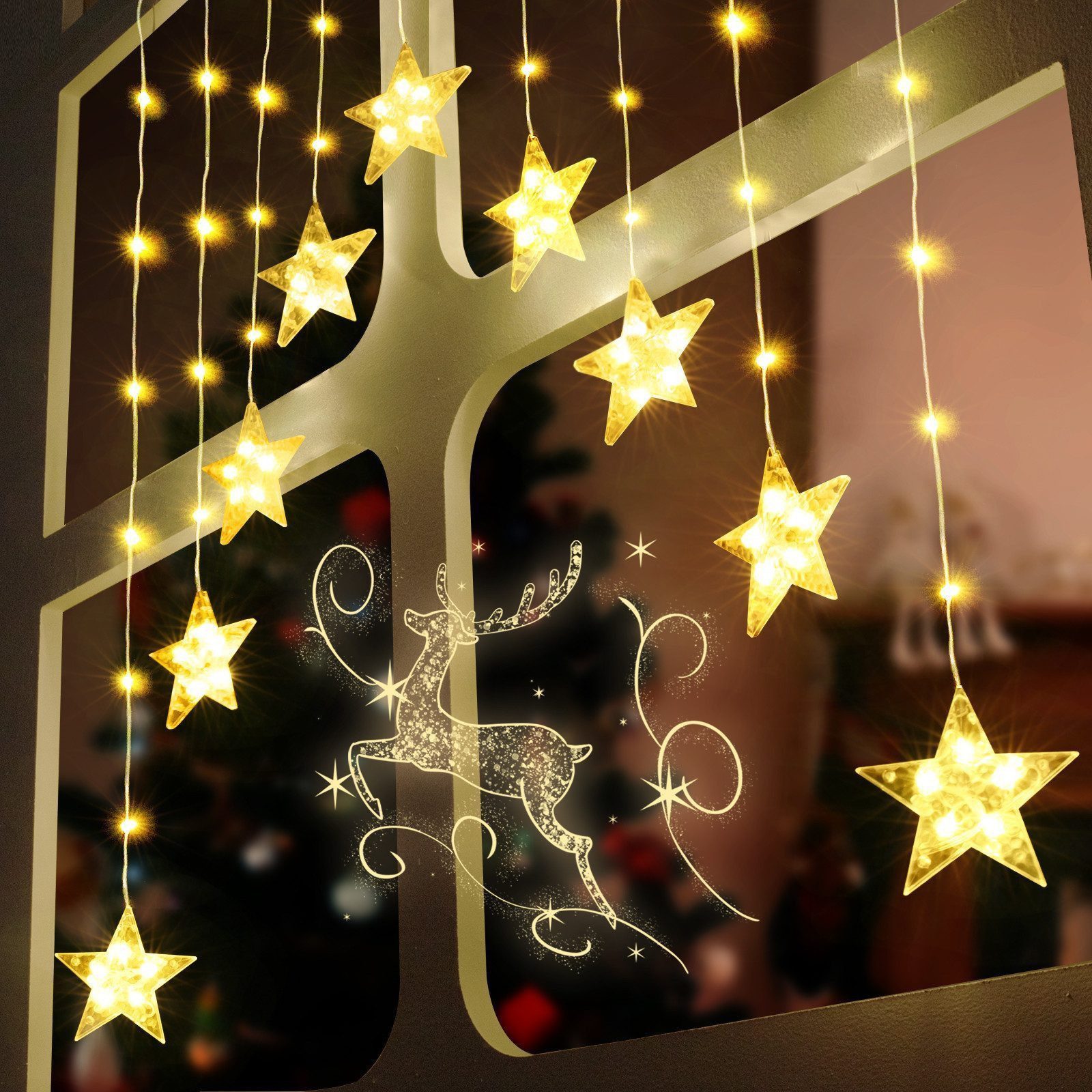 Quntis Lichterkette Lichterkette Weihnachtsdeko Fenster Warmweiß/Bunt, Timer 8 Modi, 1,44M 45LEDs Fensterbilder für Innen/Außen/Fenster Weihanchten Deko