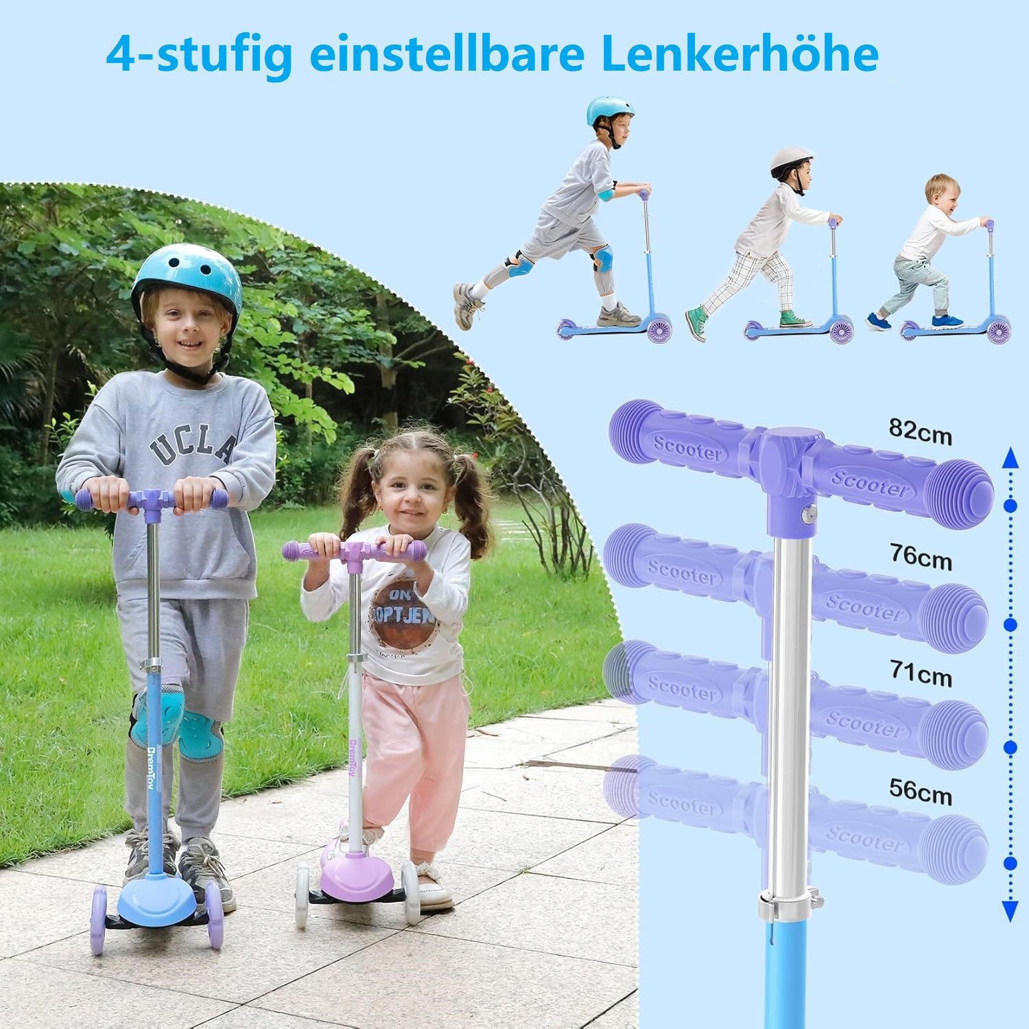 BremToy Dreiradscooter Höhenverstellbare Kinderroller mit leuchtendem Deck und PU-LED Rädern