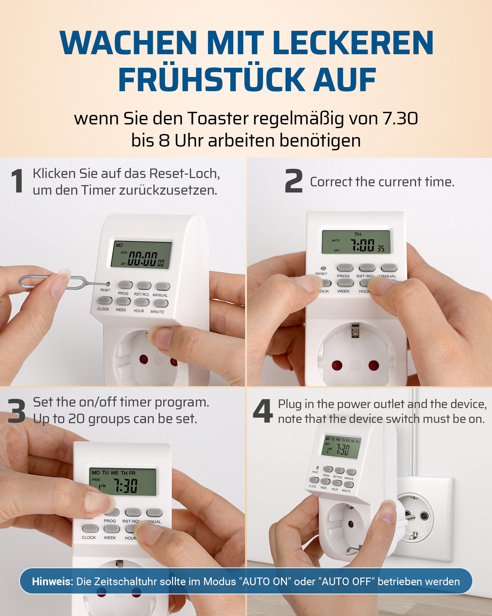 DEWENWILS Zeitschaltuhr Digitale Zeitschaltuhr Steckdose für Beleuchtung, Kaffeemaschine, digital, 2er Set, LCD-Display – Bild 4 von 5