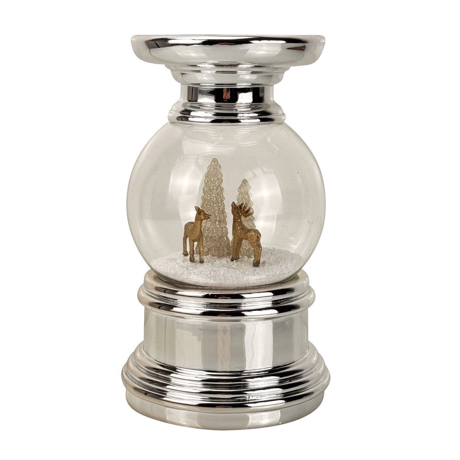 Online-Fuchs Kerzenständer in Silber für Stumpenkerzen - Deko Kerzenhalter mit Schneekugel (18 cm groß, Schneekugel mit Tannenbäumen und Rehen), inklusive praktischer 6-Stunden Timerfunktion - Weihnachtsdeko