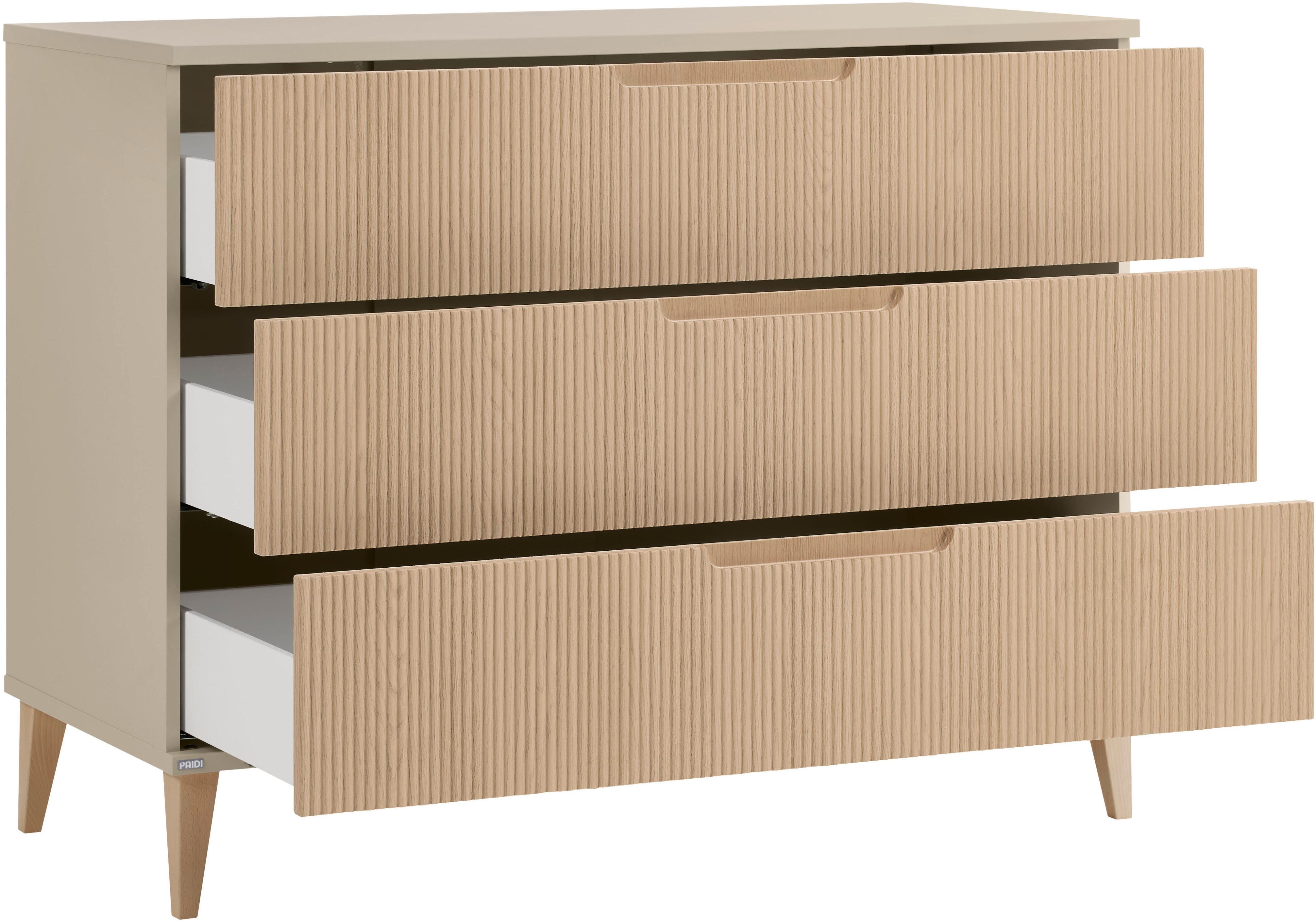 PAIDI Wickelkommode JONTE in Beige & Eichefarben, 3 Schubladen mit Soft-Close, Vollauszug, Kommode 124 cm Breite, Wickeltisch mit Massivholz-Füßen