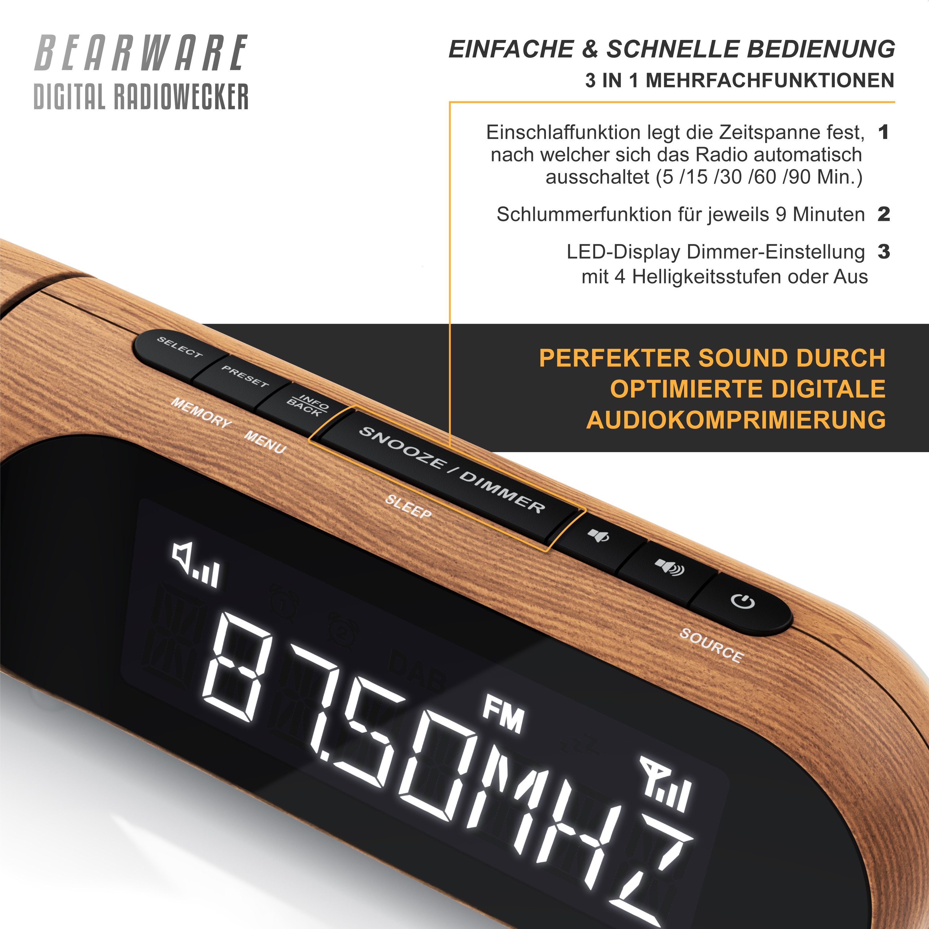 BEARWARE Radiowecker DAB Plus Radio, Projektionswecker, FM & DAB+ mit je 20 Speicherplätzen Küchenradio digital, Wecker, 4 Helligkeitsstufen, dimmbare Projektion
