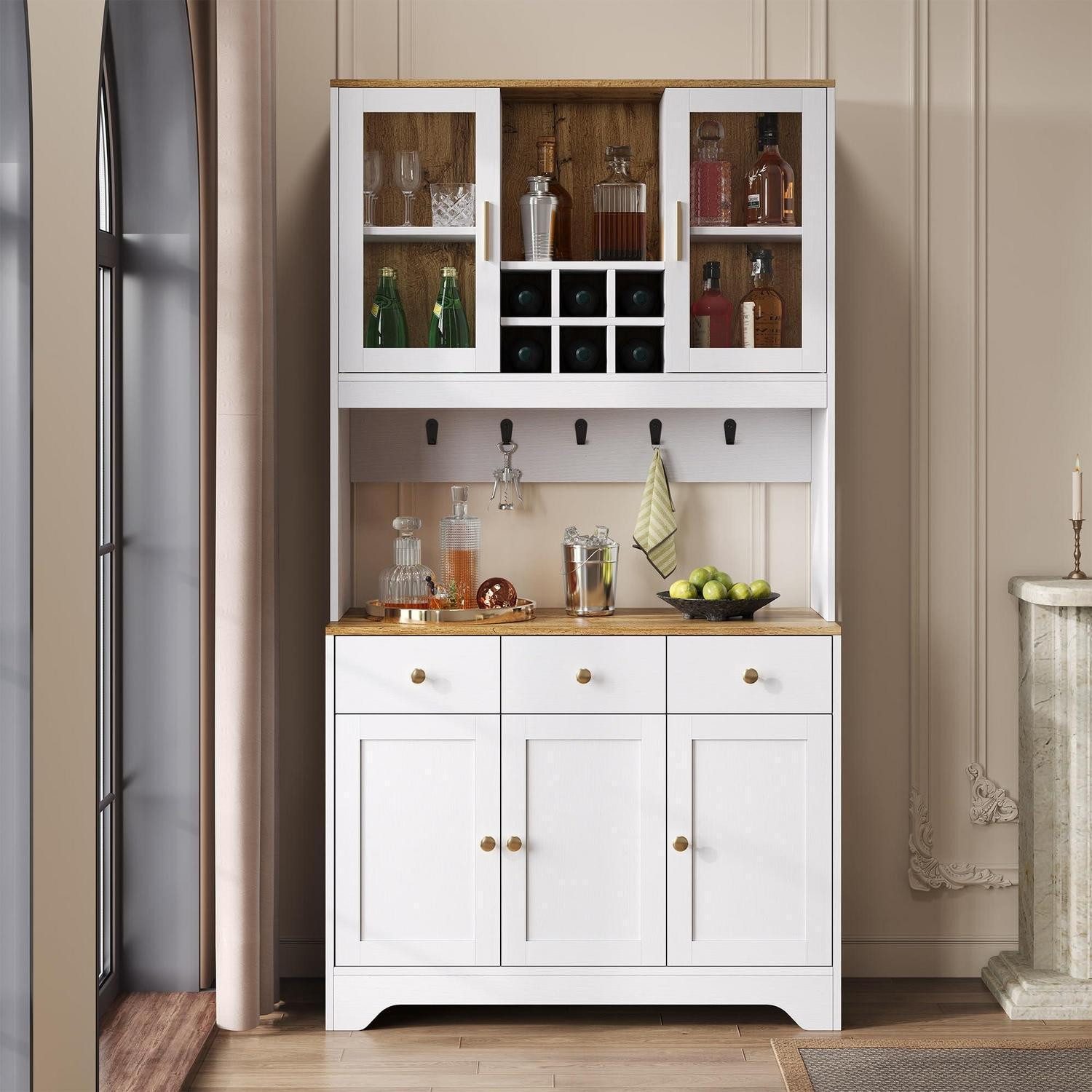 LuxusKollektion Hochschrank Hochschrank weiße Holzmaserung 94,5x30x175,5cm mit Glastüren