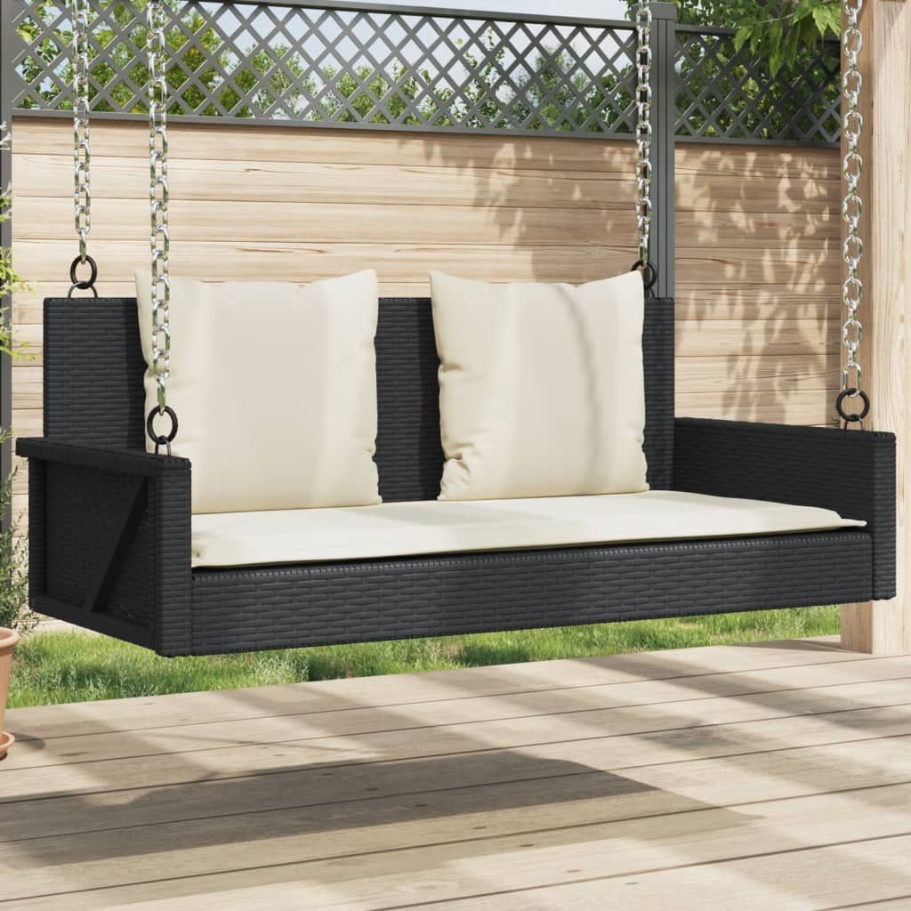 Gartenbank Hängebank mit Kissen Schwarz 119x56x48 cm Poly Rattan