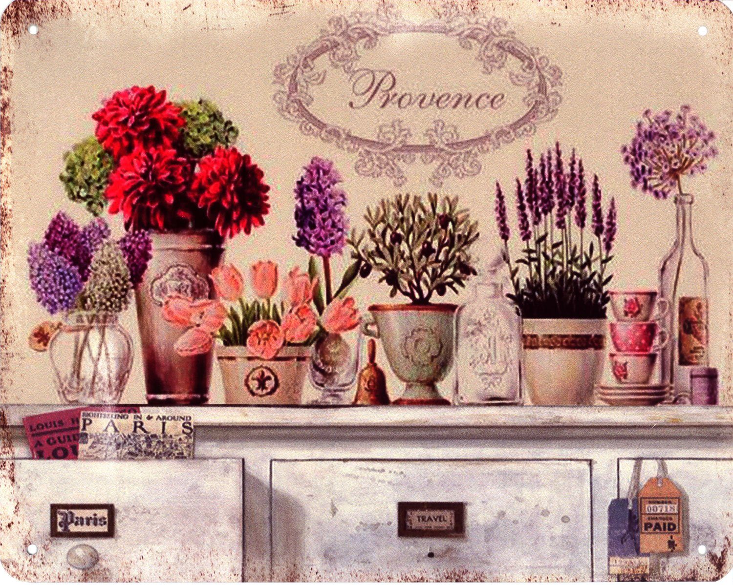 Metallschild Blechschild Provence bunte Blumen Töpfe
