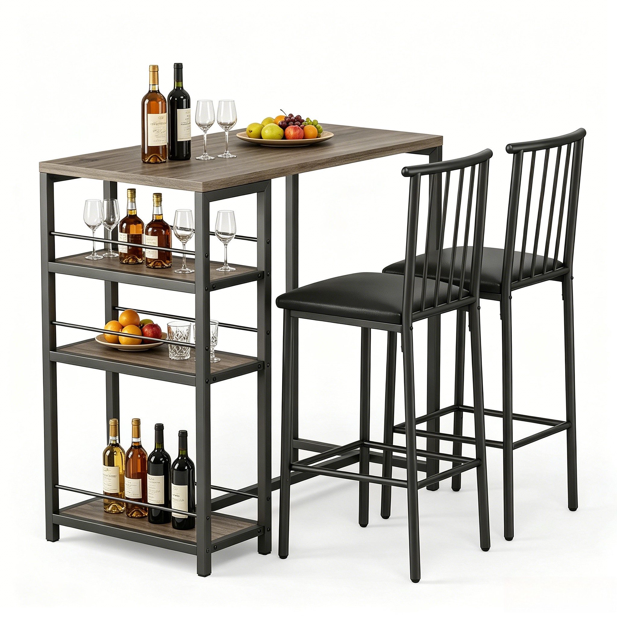 Blishom Bartisch 3-tlg Bartisch-Set, Esstisch Set für 2 Personen, Platzsparendes Stehtisch-Set mit Stauraum