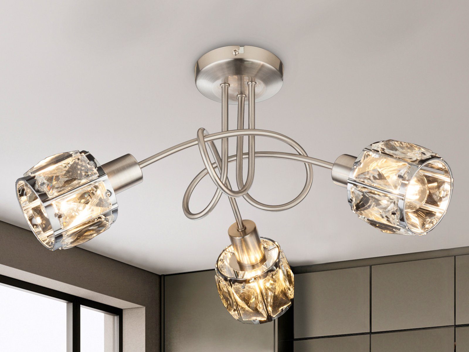 GLOBO LIGHTING LED Deckenleuchte, Dimmfunktion, LED wechselbar, warmweiß, ausgefallene mit Kristall Lampen-schirm mehrflammig Treppenhaus Ø 38cm