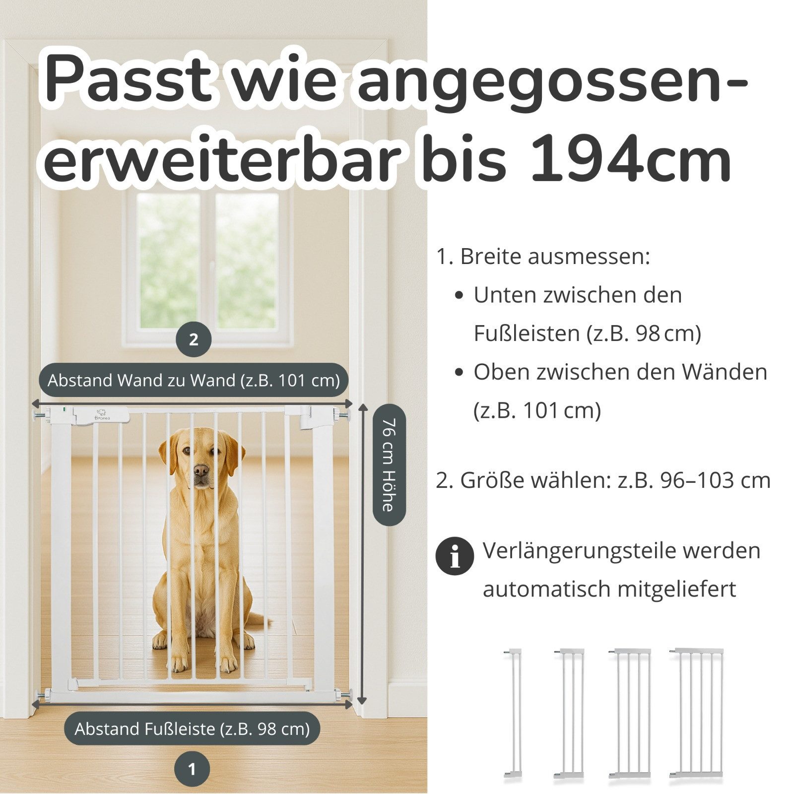 Bronea Treppenschutzgitter LUCA-M Treppengitter ohne Bohren Türschutzgitter ohne bohren (Türgitter ohne bohren Absperrgitter, 75-194 cm verlängerbar), 3-faches Schloss & Rot-Grün Sicherheitssystem, Auto-Close, 90° Stopp