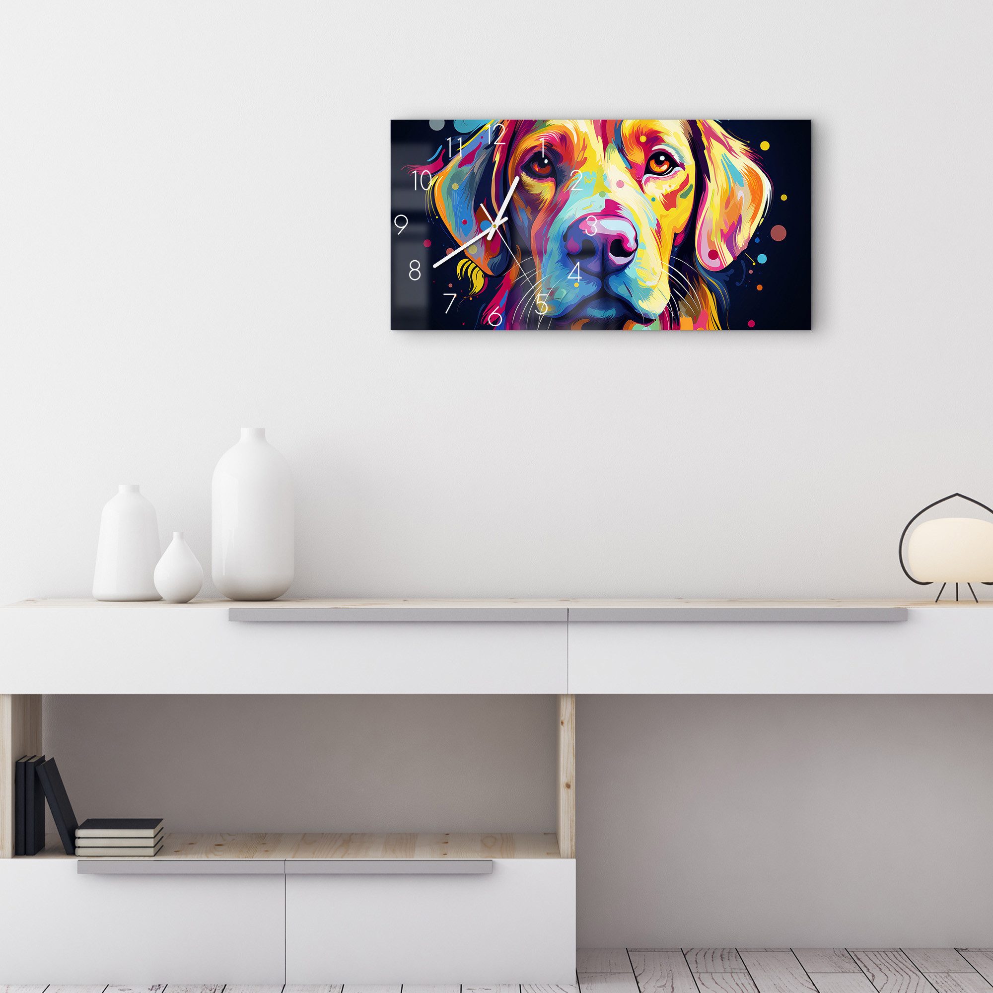 DEQOART Wanduhr 'Bunter Hundeblick' (Glas Glasuhr modern Wand Uhr Design Küchenuhr)