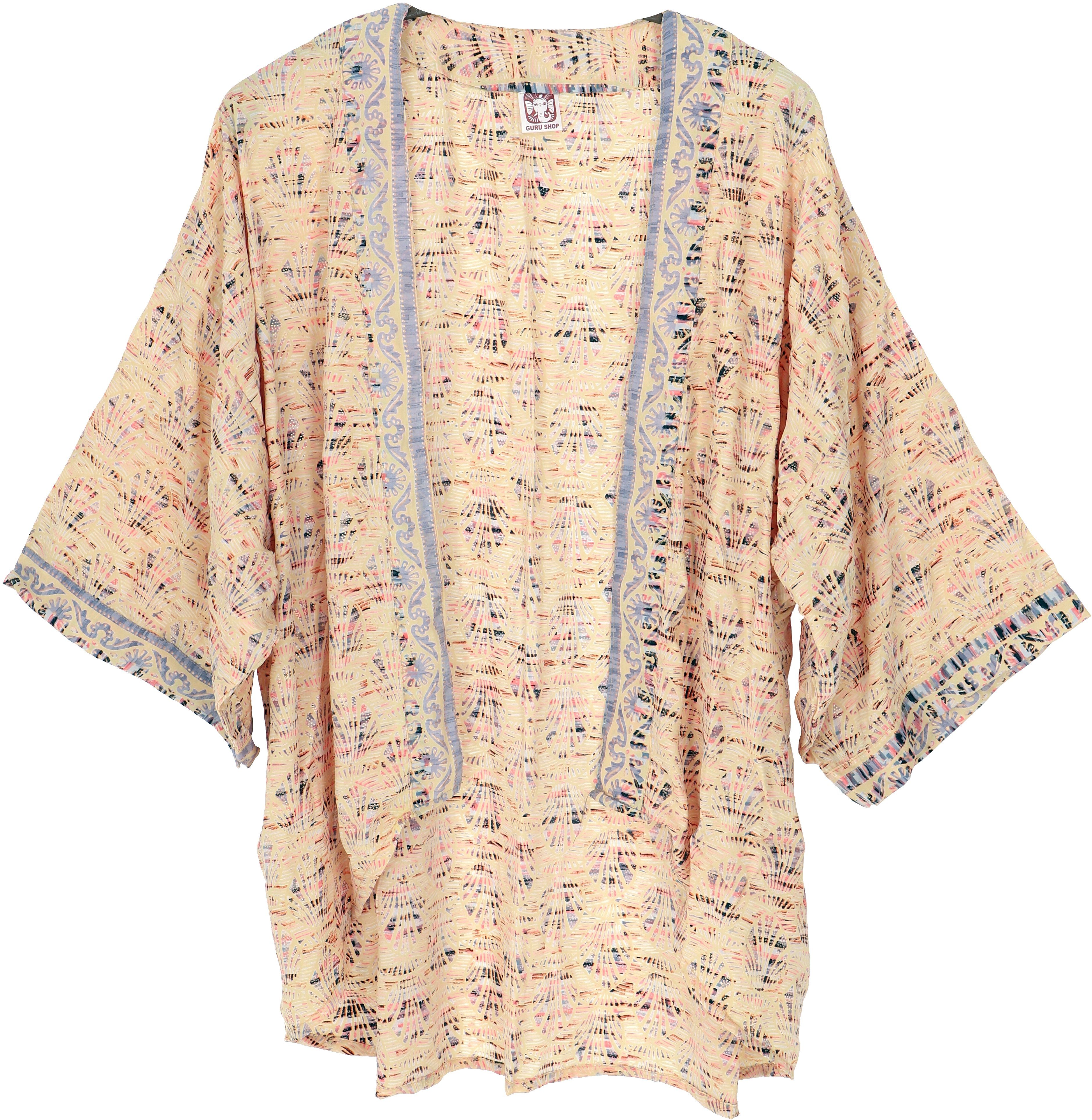 Guru-Shop Kimono Kurzer Kimono, Boho Kimono, offener Kimono -.., alternative Bekleidung vanille