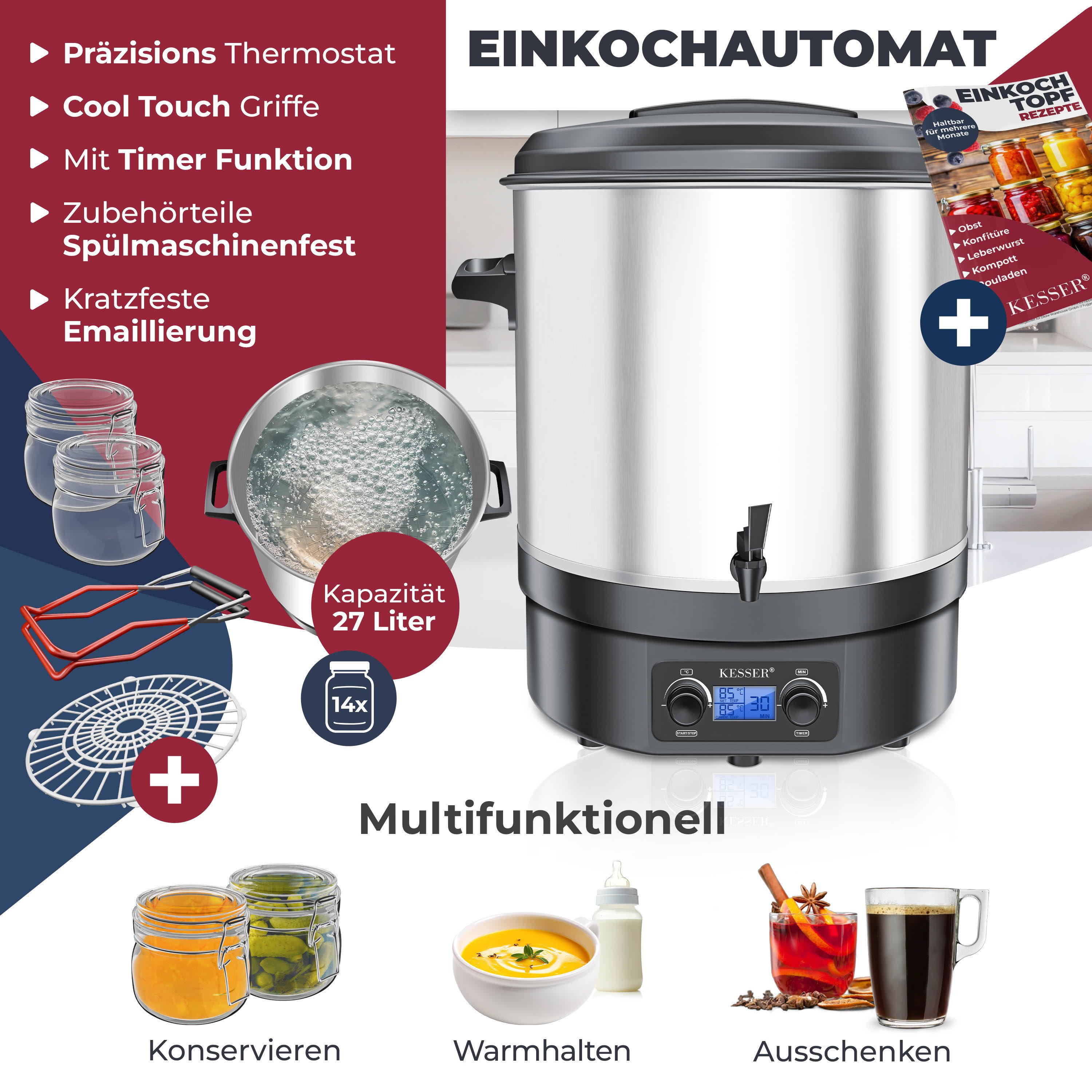 KESSER Heißgetränke- und Glühweinautomat, 2000 W, Einkochautomat 2000W 27L LCD-Display Glühweintopf Heißgetränk