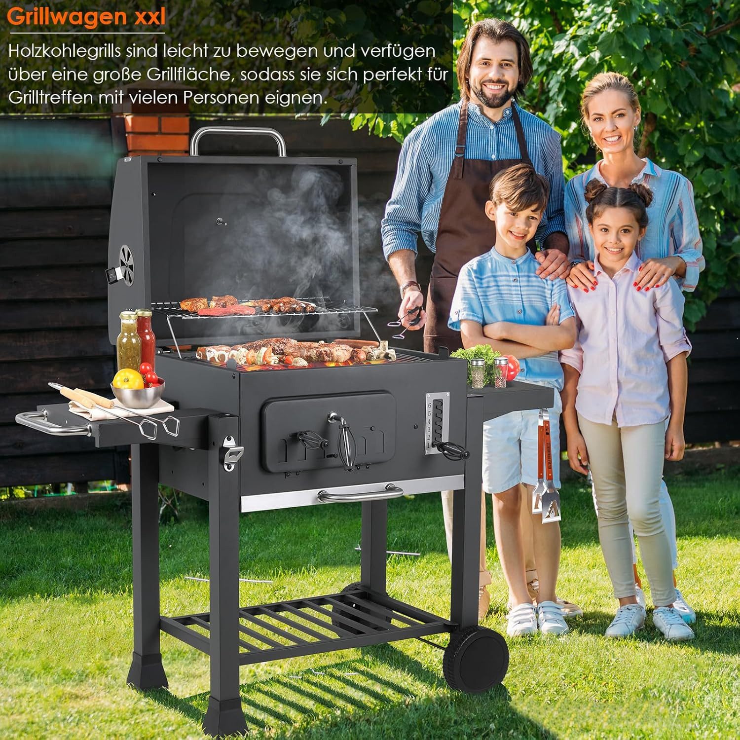 TLGREEN Holzkohlegrill XXL Holzkohlegrill Grillwagen mit Deckel, 3-Zonen Multifunktionaler Smoker Grill, Höhenverstellbare Kohleschale,Thermometer & 4 Lüftungsschlitze, Mit 2 klappbaren Ablagen, Rädern und Aschekasten