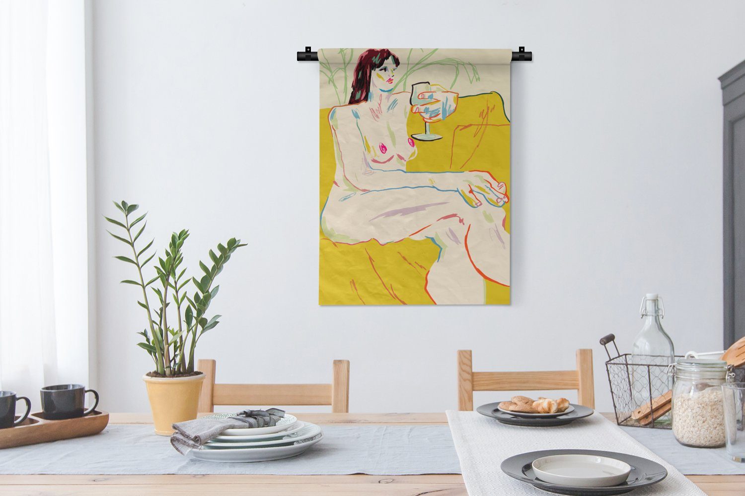 Schlafzimmer - Frau an - Wand, für Tapisserie, der - Wanddekoobjekt MuchoWow Kunst Wohnzimmer, Deko Gelb, Weinglas