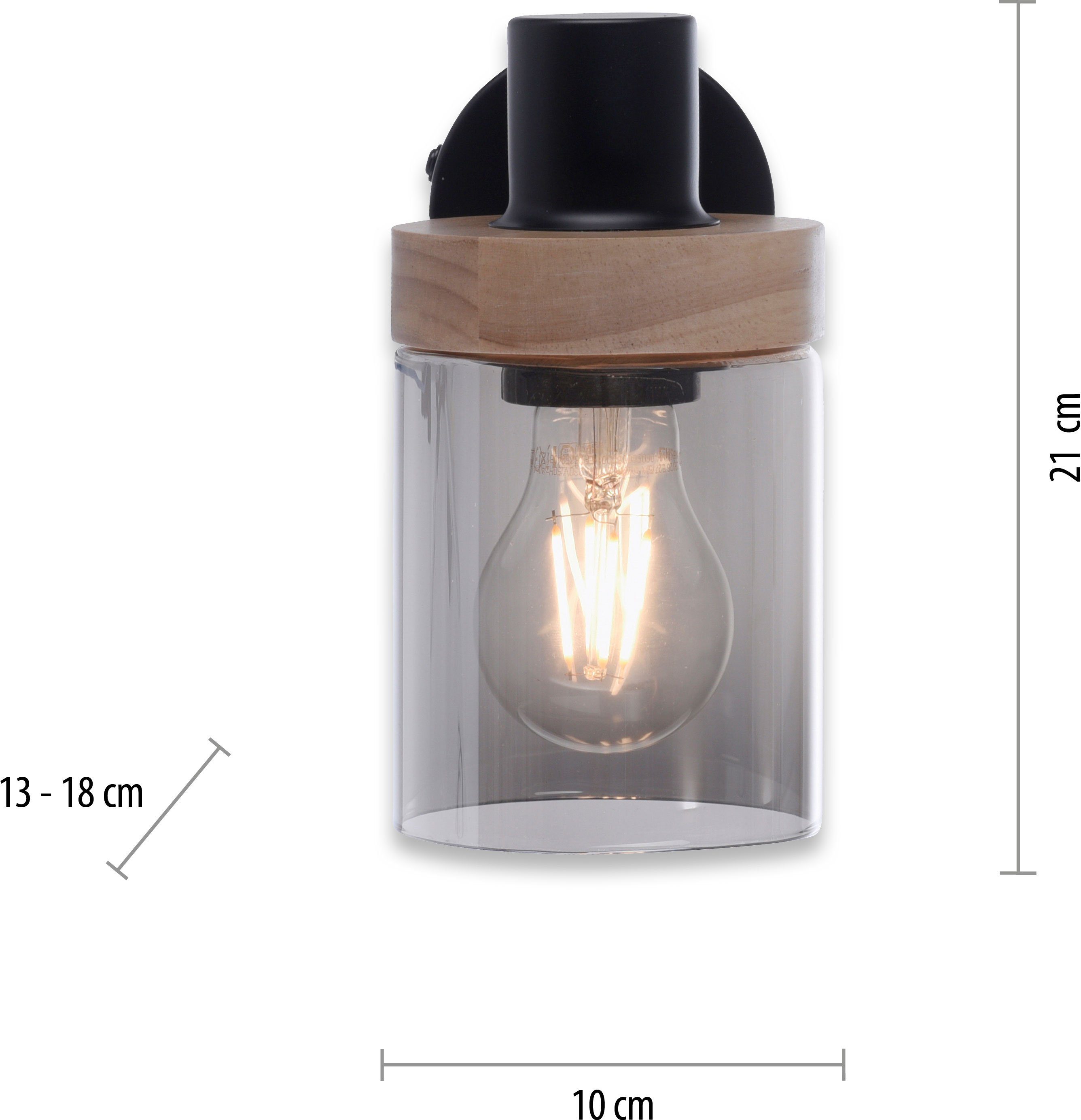 Home Wandlampe, affaire Wandleuchte Holz, geeignet Leuchtmittel E27 - für Tendon, Leuchtmittel, Rauchglas, Glas, ohne