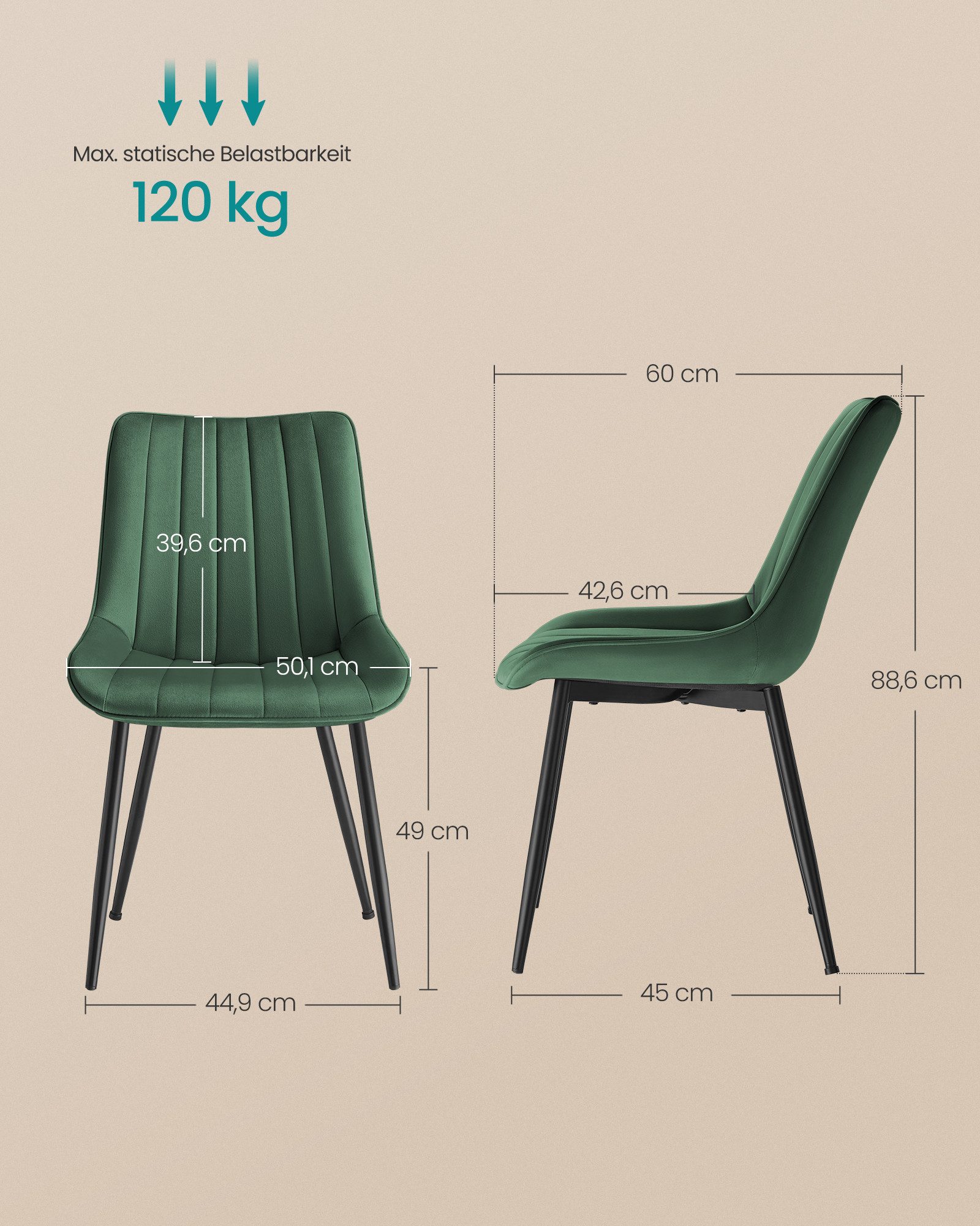 SONGMICS Esszimmerstuhl Küchenstuhl aus Samt, Polsterstuhl mit Armlehnen, Loungesessel (6 St), bis 120 kg belastbar, für Esszimmer, Küche, Stahlbeine, Polsterst – Bild 5 von 5