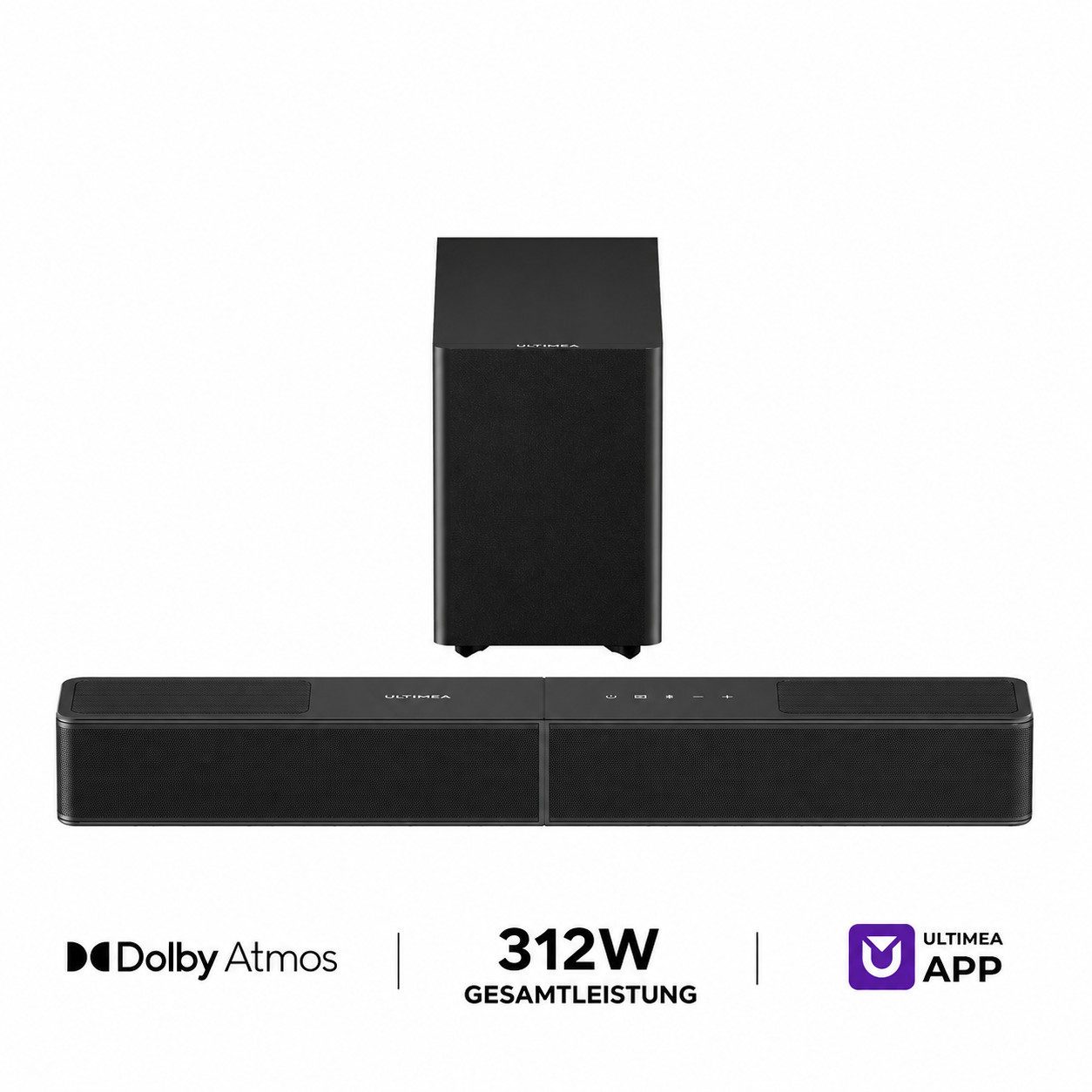 Ultimea Heimkinosystem Poseidon M70 Soundbar 3.1.2(Dolby Atmos, Rear & Sub, Surround Sound) (312 W, HDMI eARC, heimkino soundsystem, 5,25'' Wireless-Subwoofer, 2 Up-Firing-Treiber, App, Bluetooth® 6.0)