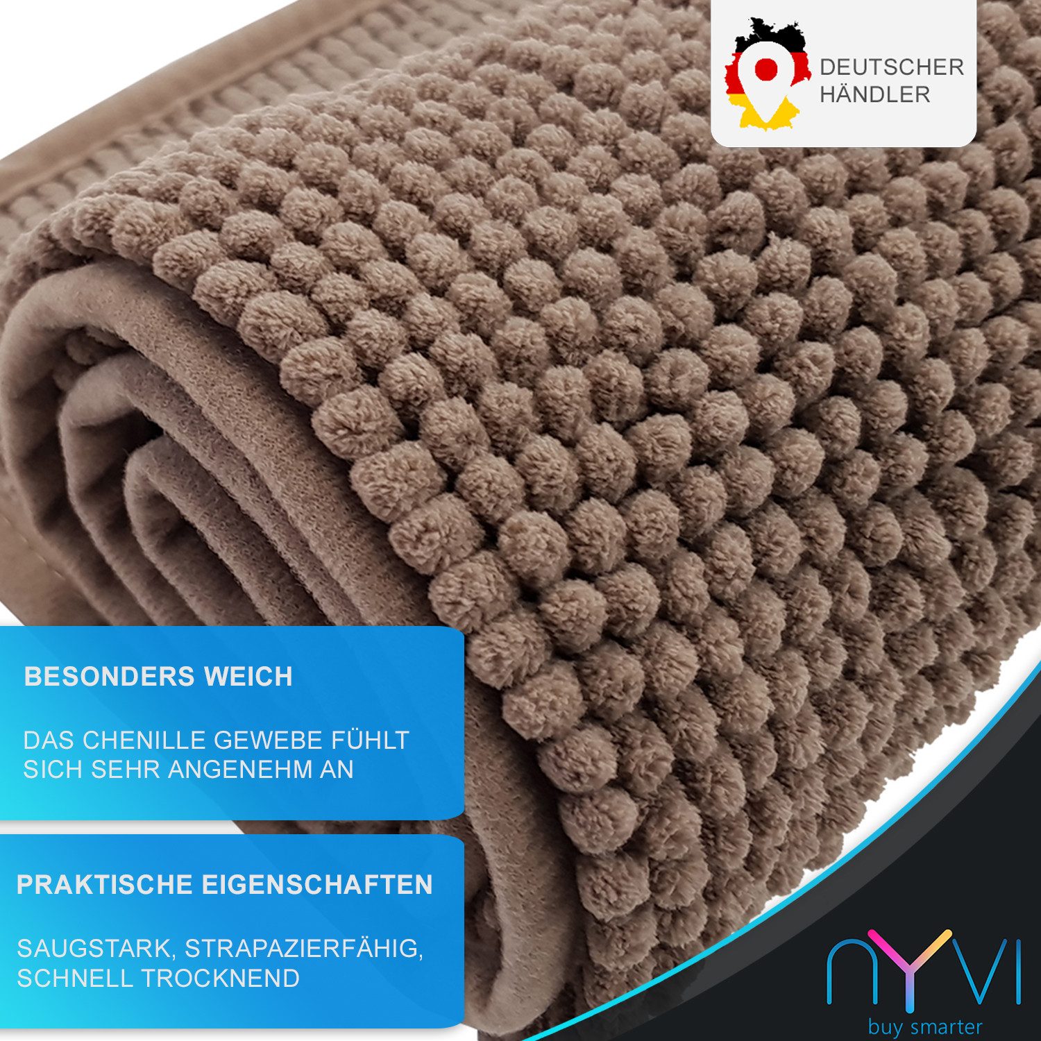 NYVI Badematte WC Vorleger NYVISpa Chenille Badvorleger, Höhe 20 mm, Polyester, Rutschfest, Saugfähig, Schnell Trocknend, Fußbodenheizung geeignet – Bild 2 von 5