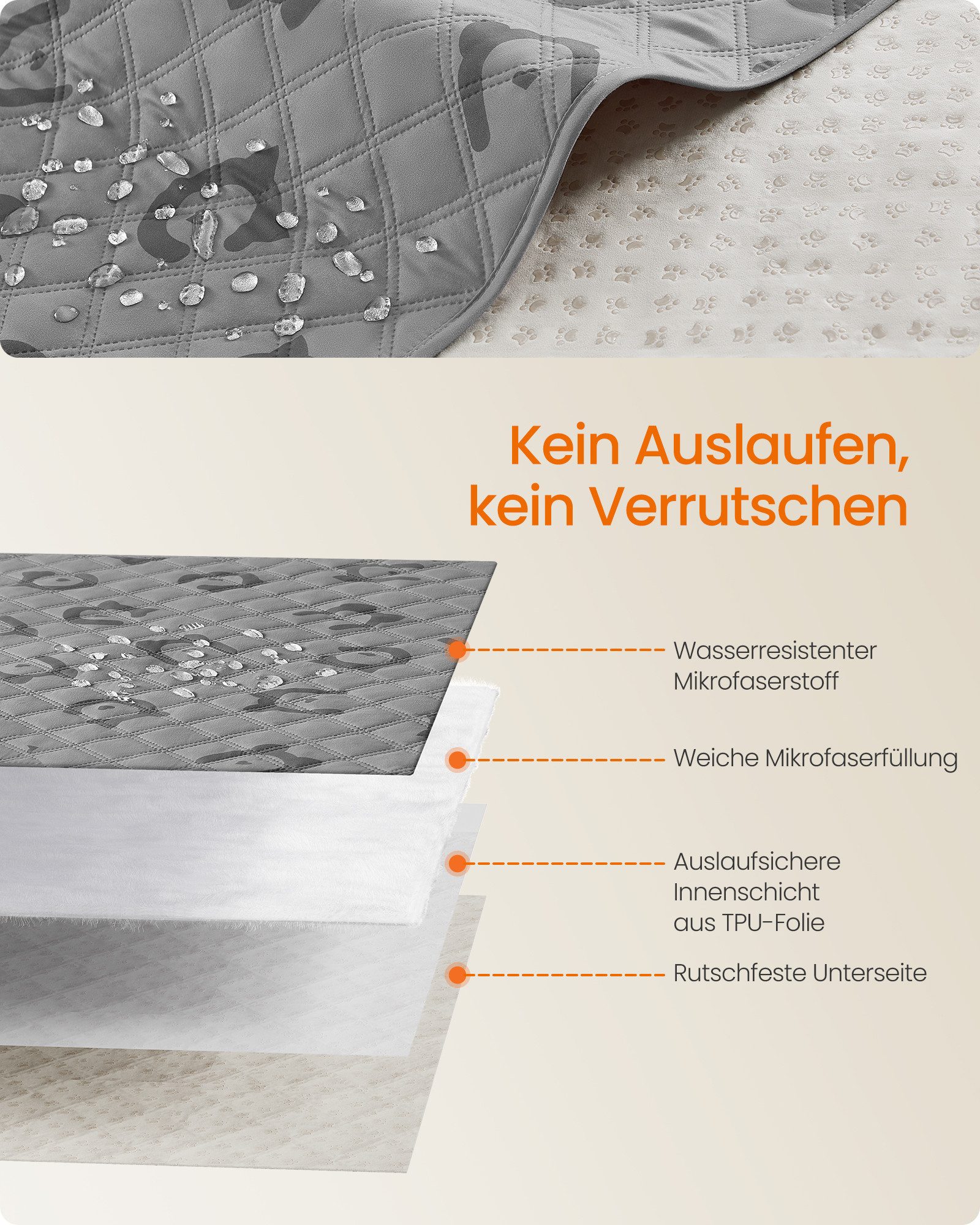 FEANDREA Tierdecke Wasserdichte Hundedecke, Decke, Autoschondecke, Sofaschutz, taubengrau, 178 x 76 cm, maschinenwaschbar, rutschfeste Unterseite, Stepp-Design